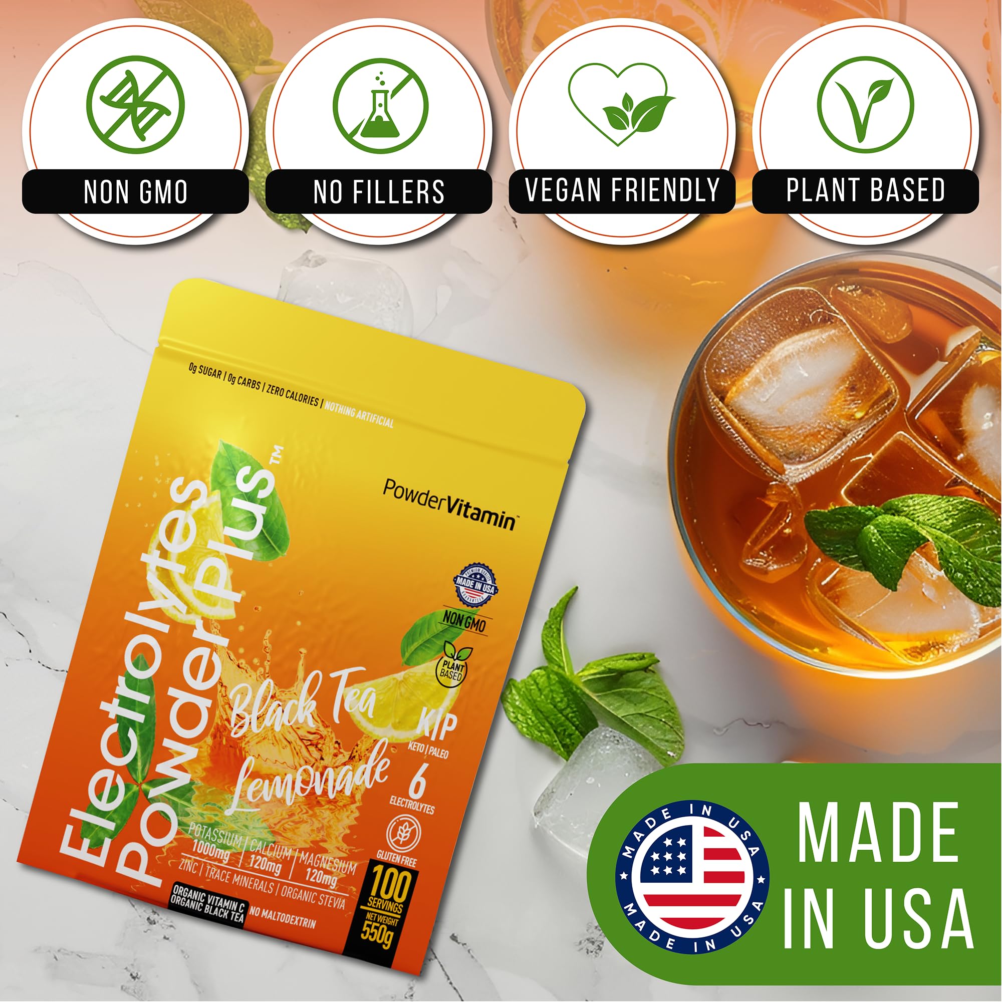 PowderVitamin Electrolytes Plus, sans maltodextrine, idéal céto.