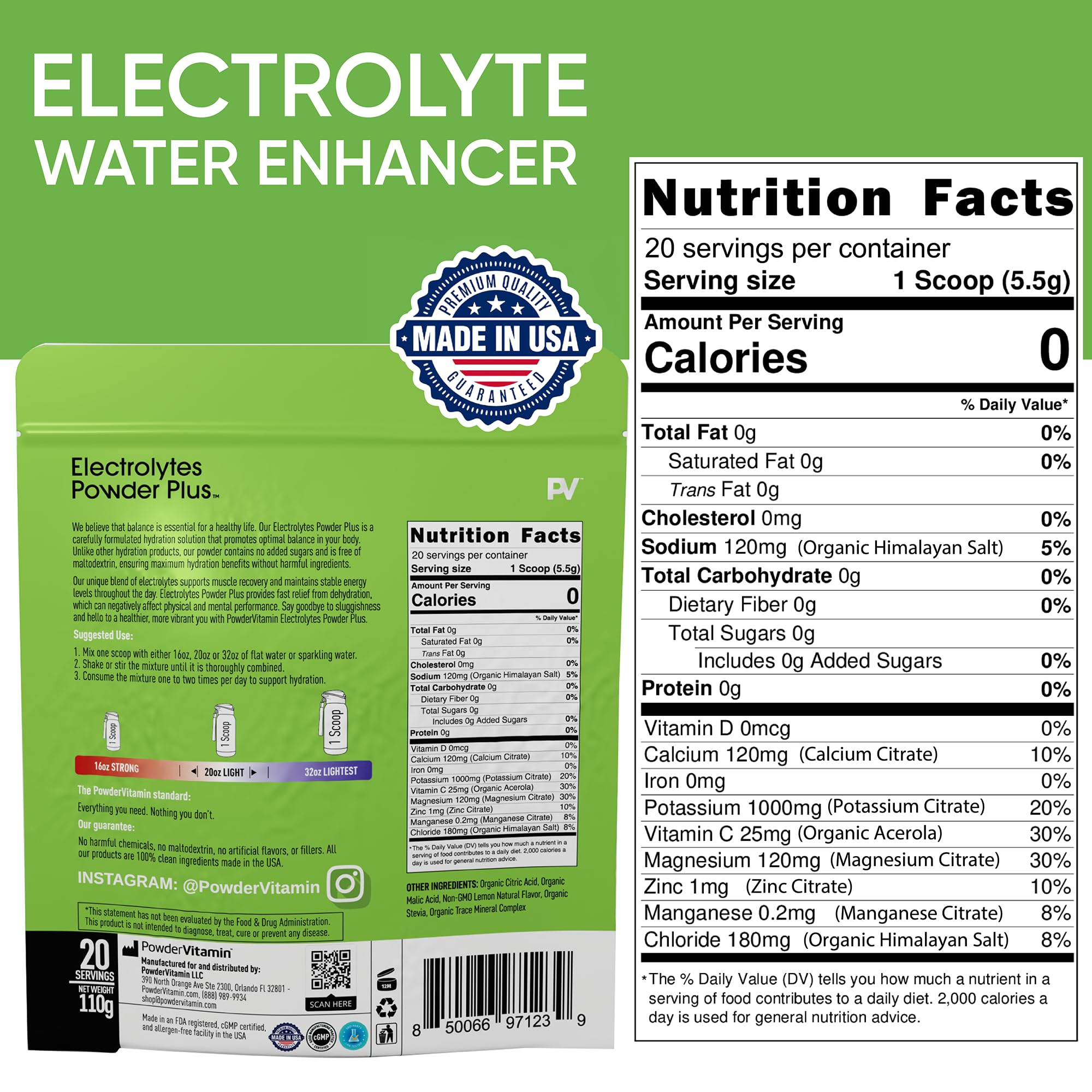 PowderVitamin Électrolytes Poudre Plus – Sans sucre, solution légère pour énergie quotidienne.
