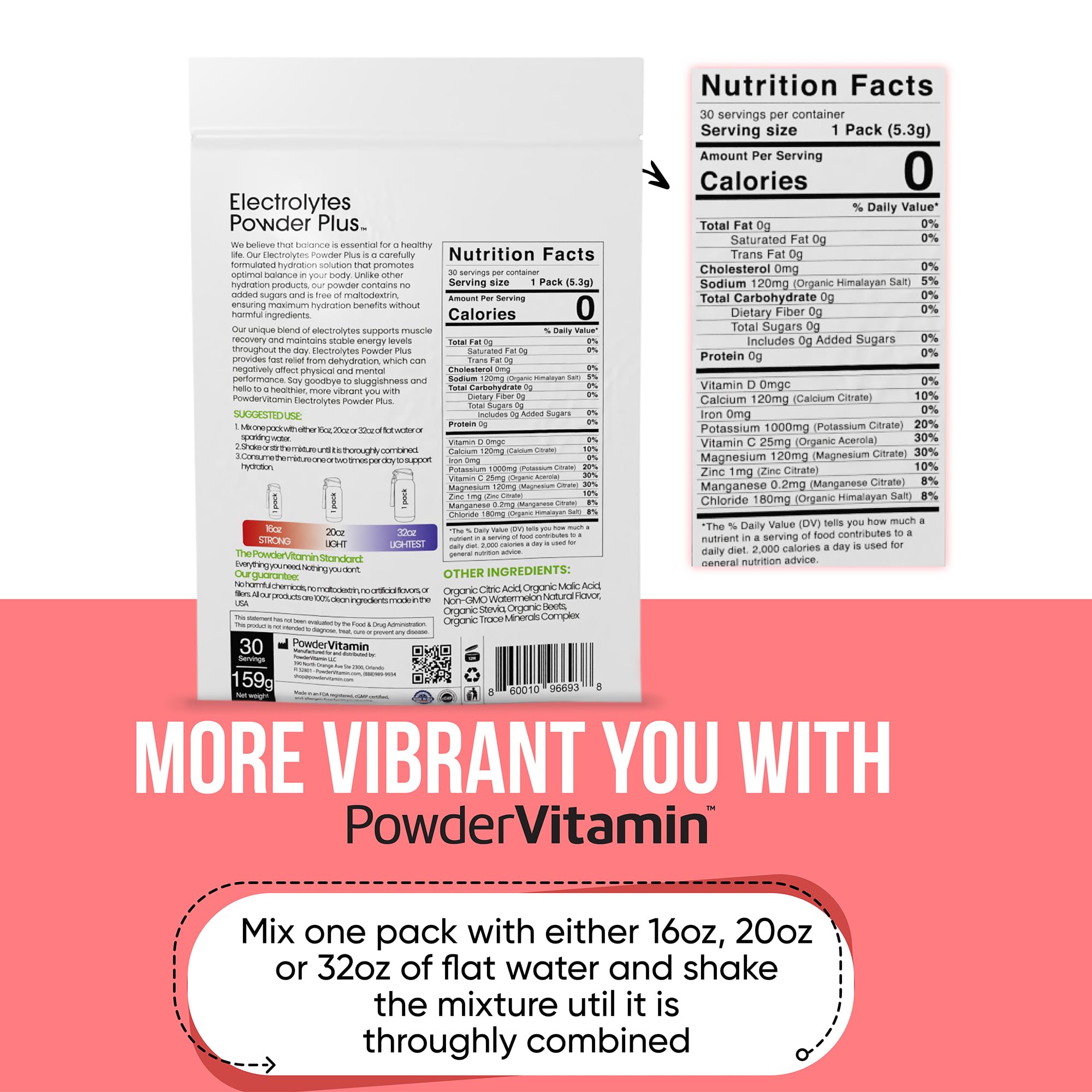 PowderVitamin Electrolytes Powder Plus saveur pastèque idéale pour keto et activité