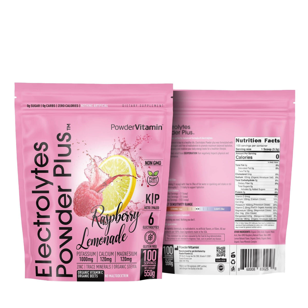 PowderVitamin Electrolytes Poudre Plus dans un verre d’eau, hydratation rafraîchissante framboise-citron.