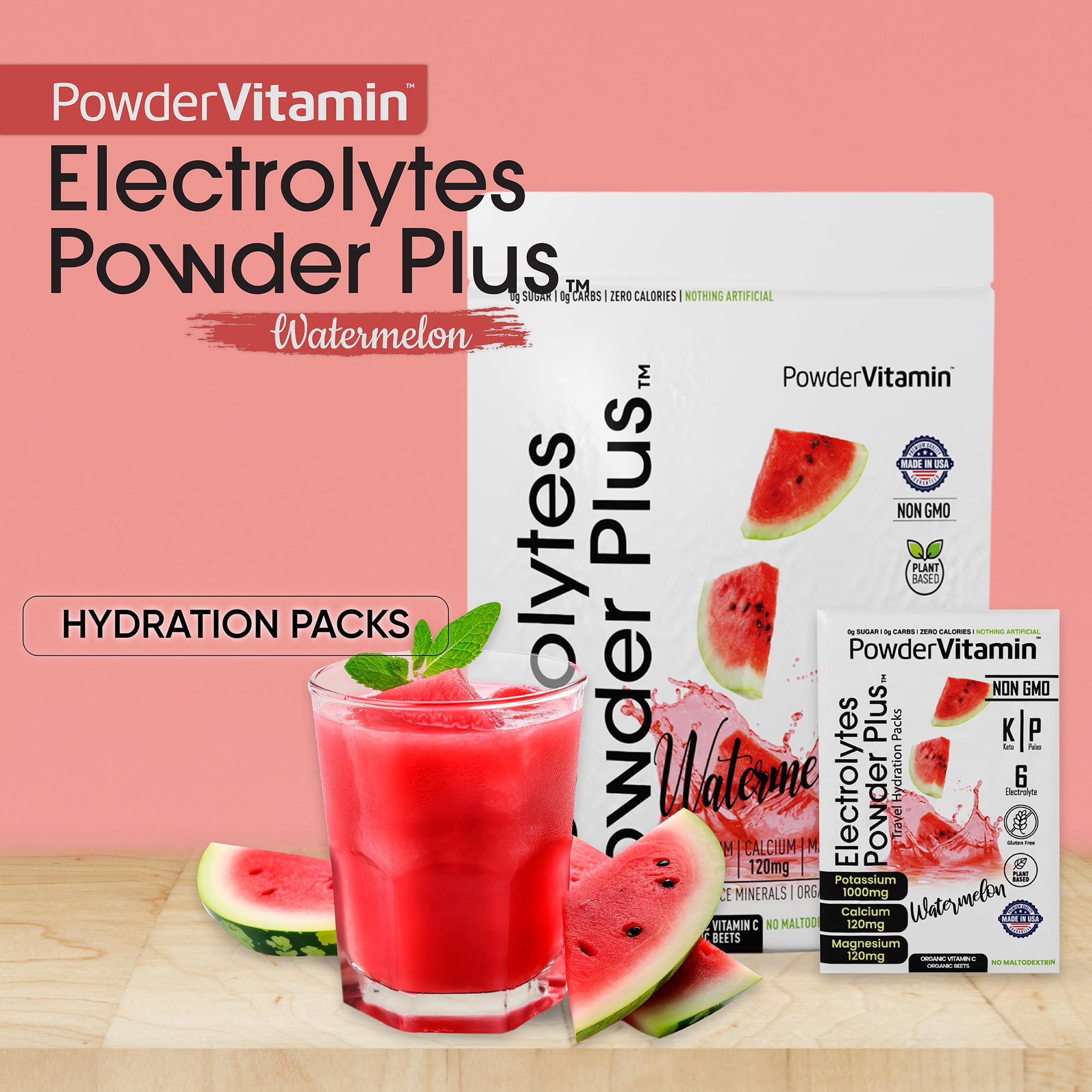 PowderVitamin Électrolytes Poudre Plus – verre d’eau Watermelon sans sucre.