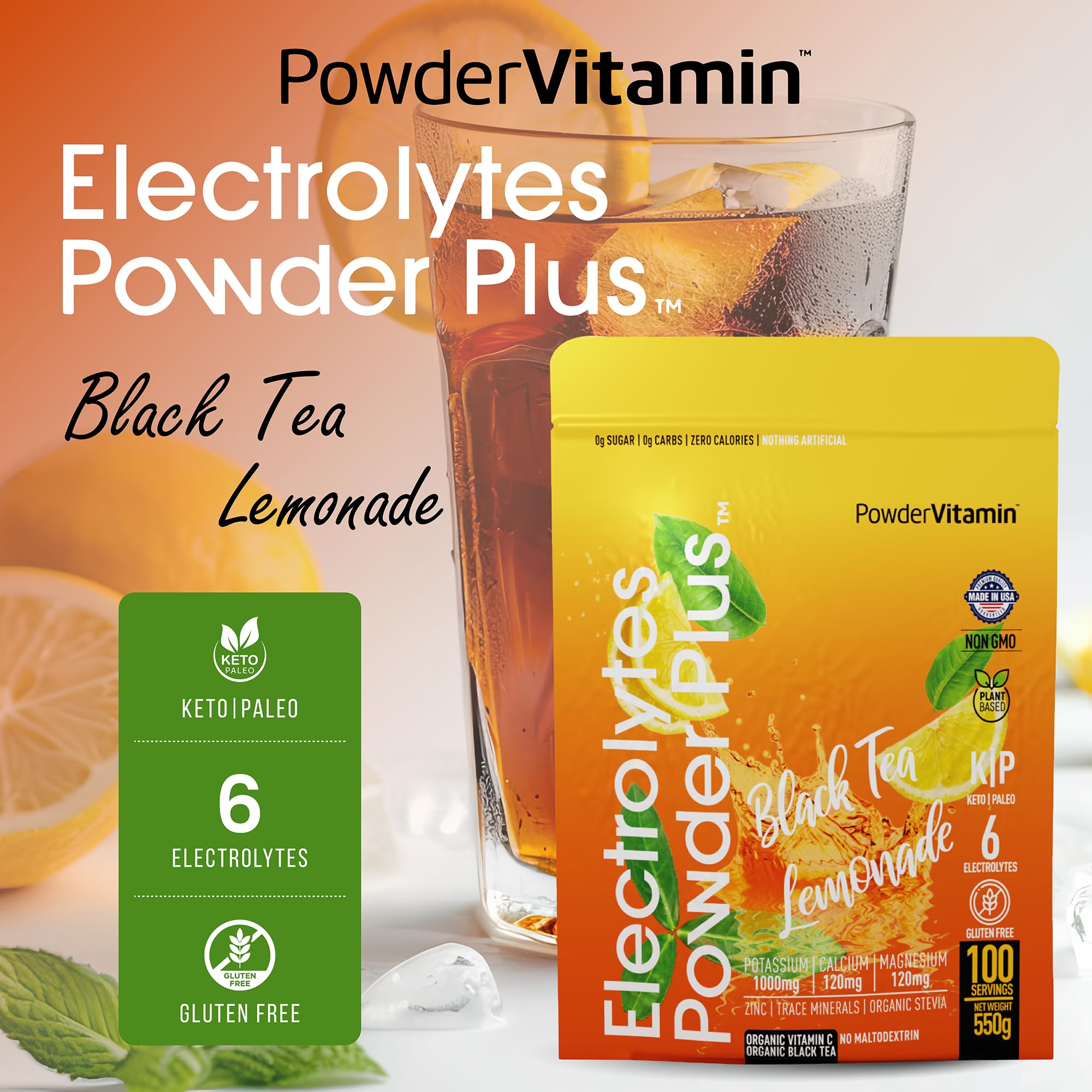 PowderVitamin Electrolytes Plus, verre d'eau prêt à boire et rafraîchissant.