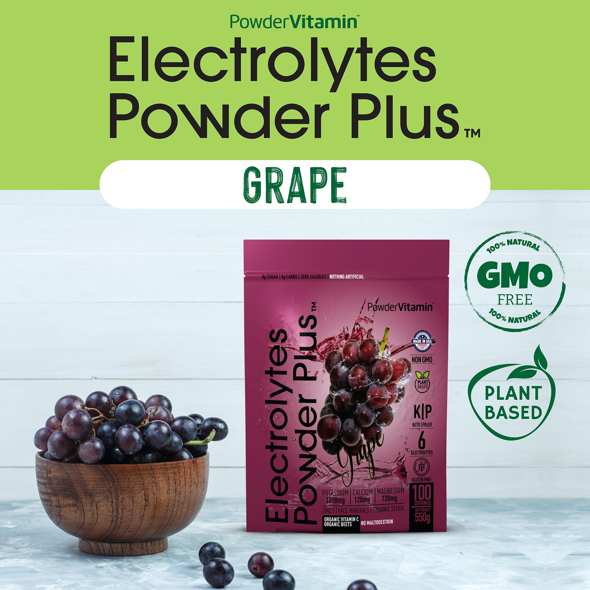 PowderVitamin Électrolytes Raisin – teneur en potassium et minéraux pour l'hydratation.