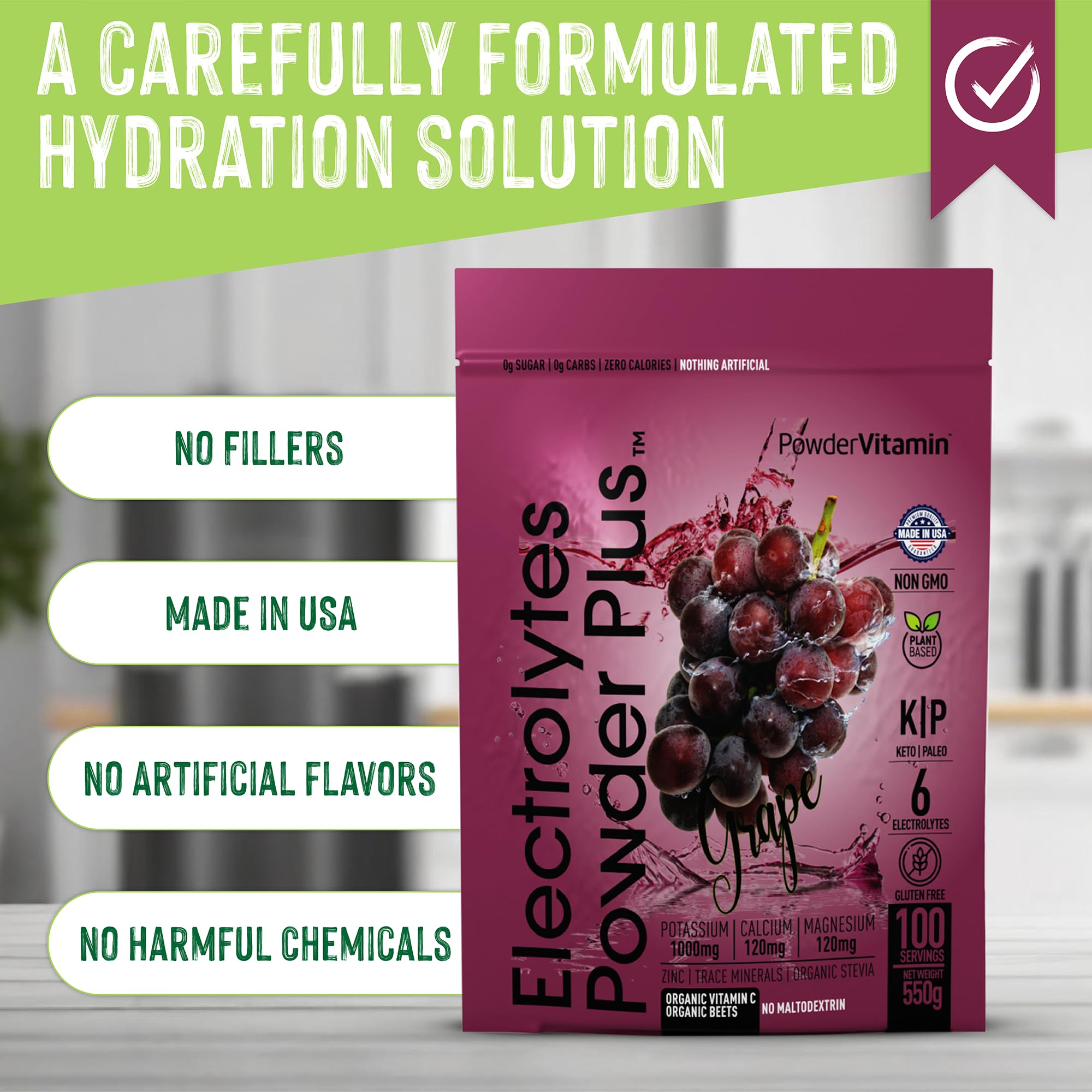 PowderVitamin Électrolytes Raisin – sachet pratique à transporter lors de déplacements.