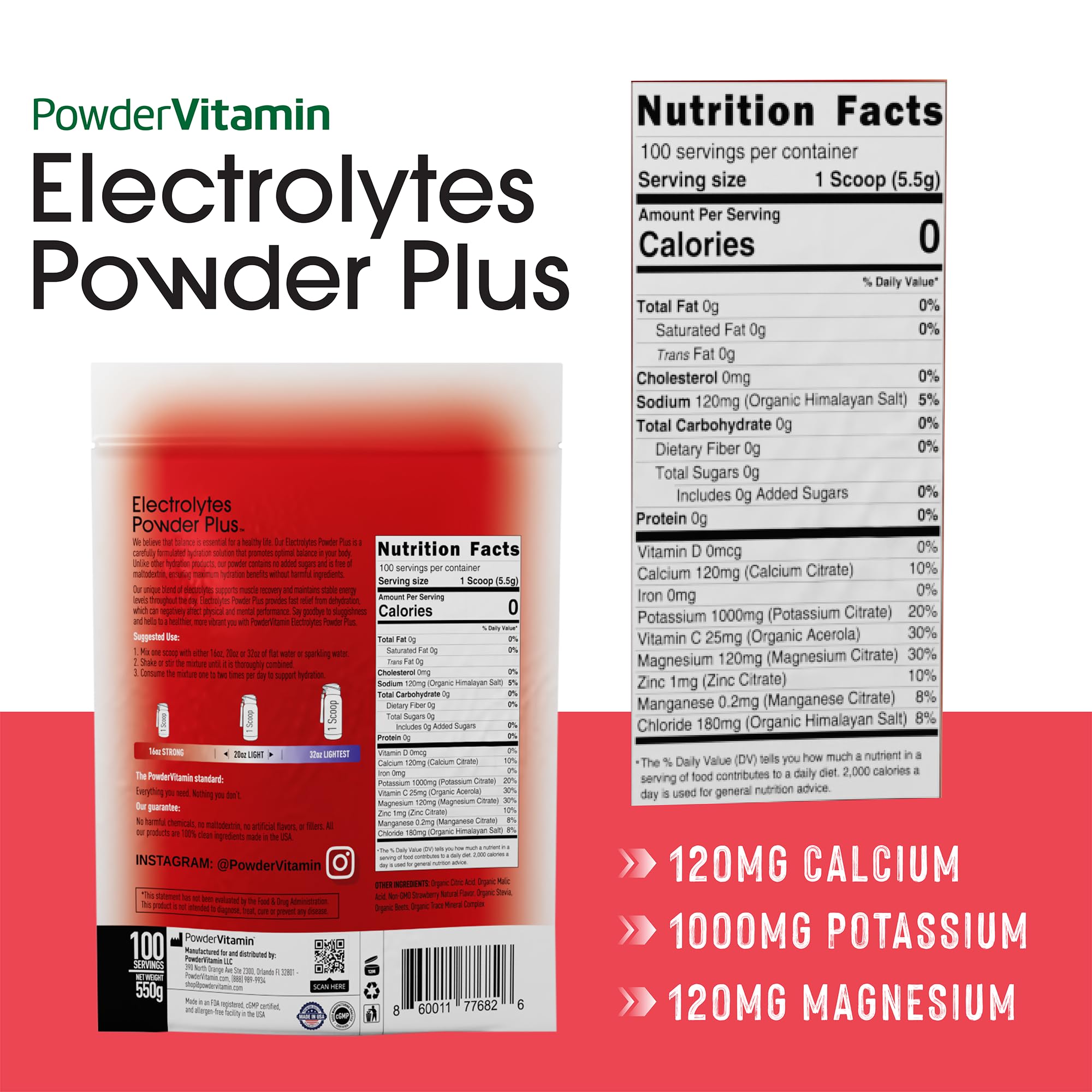 PowderVitamin Électrolytes Préparation eau framboise, boisson rafraîchissante.