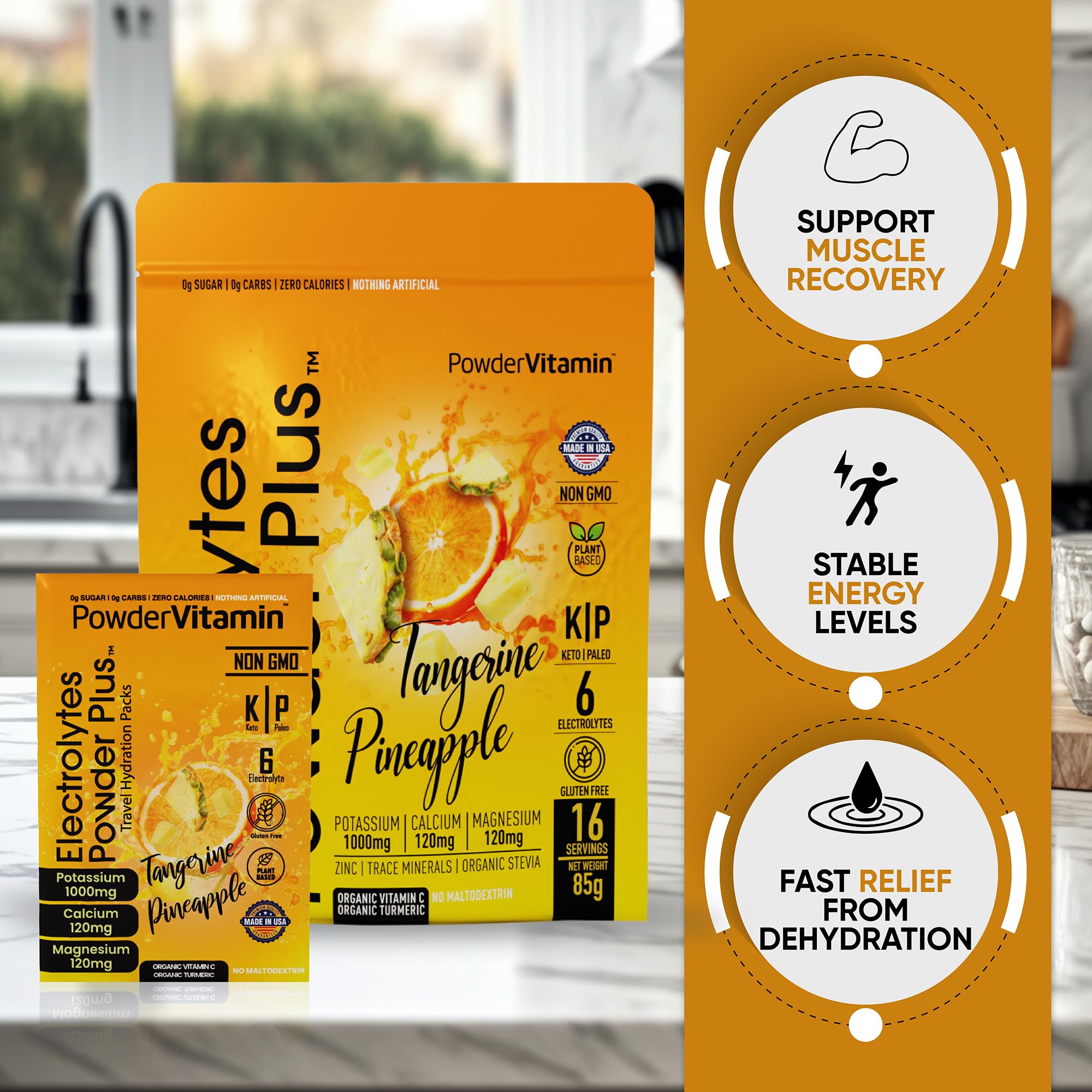 PowderVitamin Électrolytes – sachets pre-doses facilitent l'hydratation lors du sport.