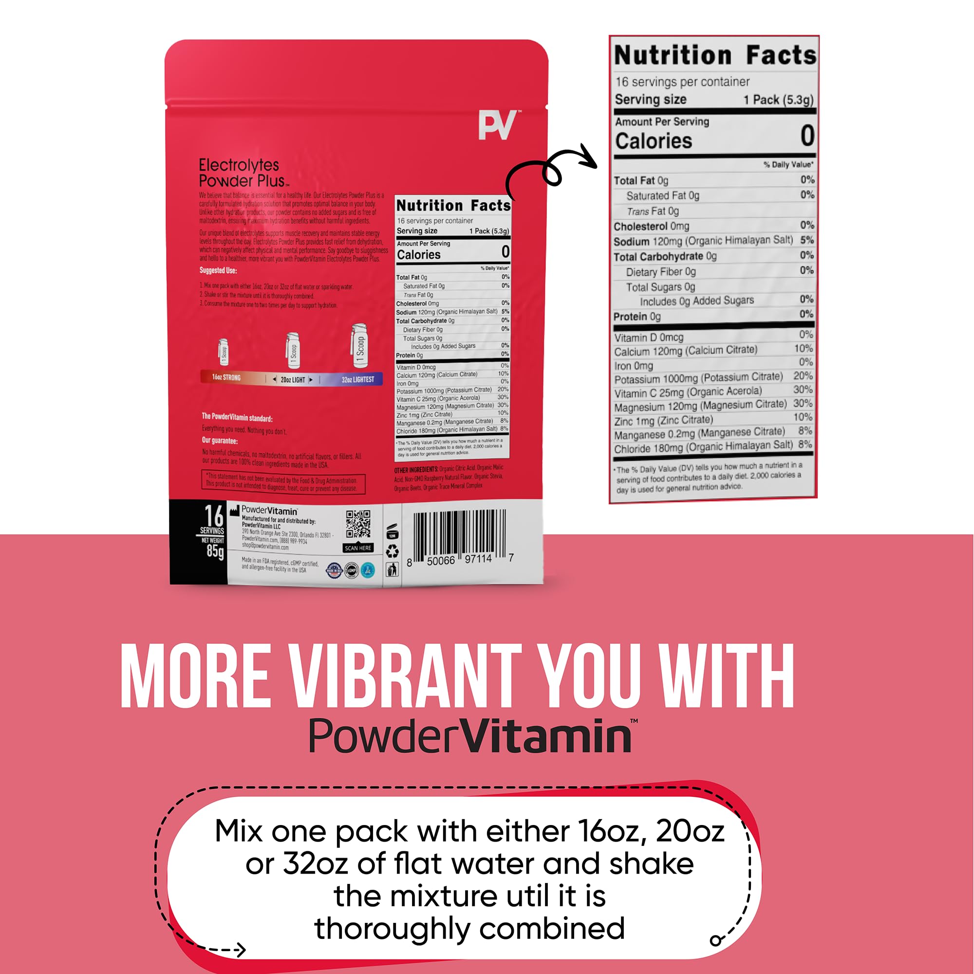 PowderVitamin Électrolytes sans sucre emballage, boisson pratique sans calories