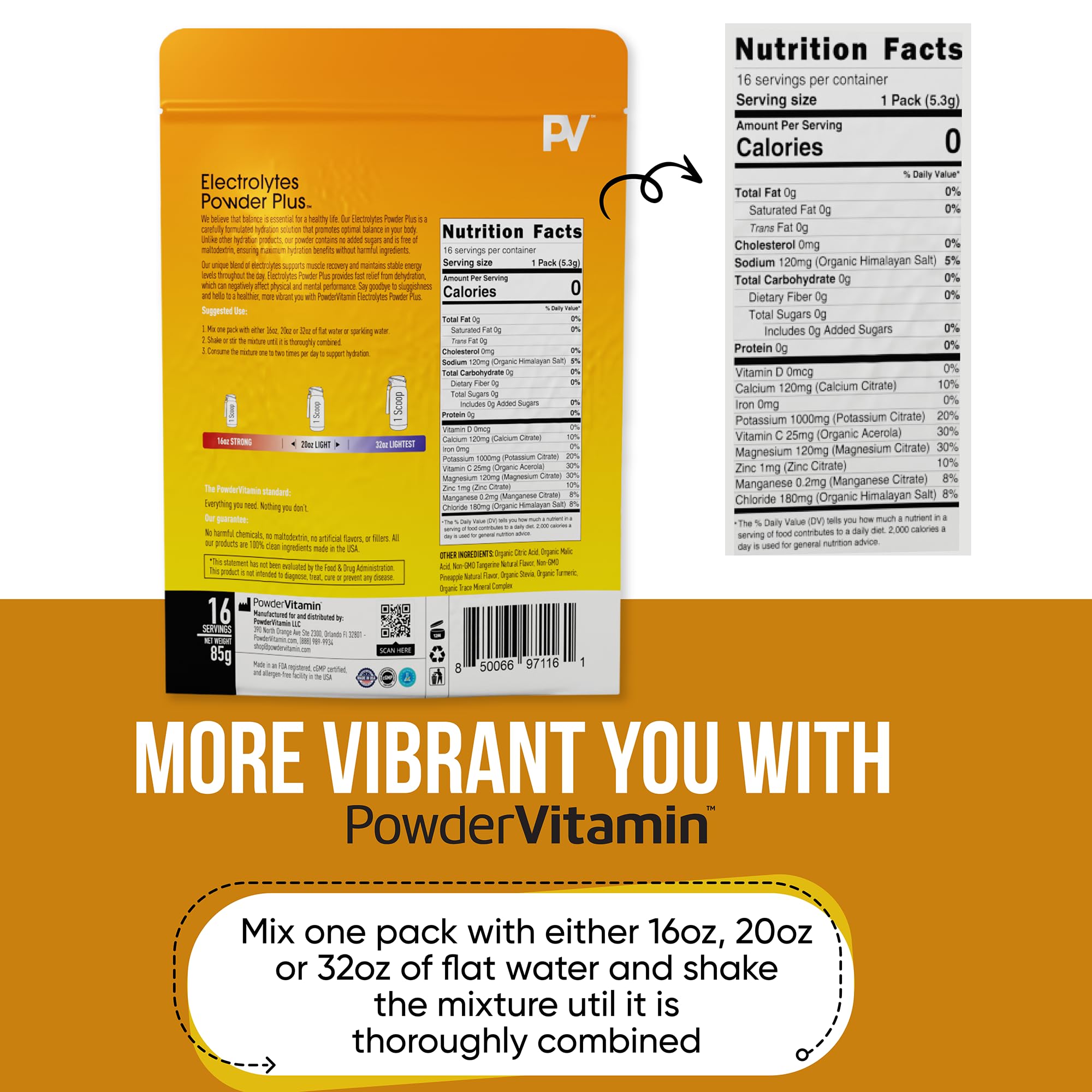 PowderVitamin Électrolytes – verre d'eau avec mélange Tangerine Pineapple sans calories.