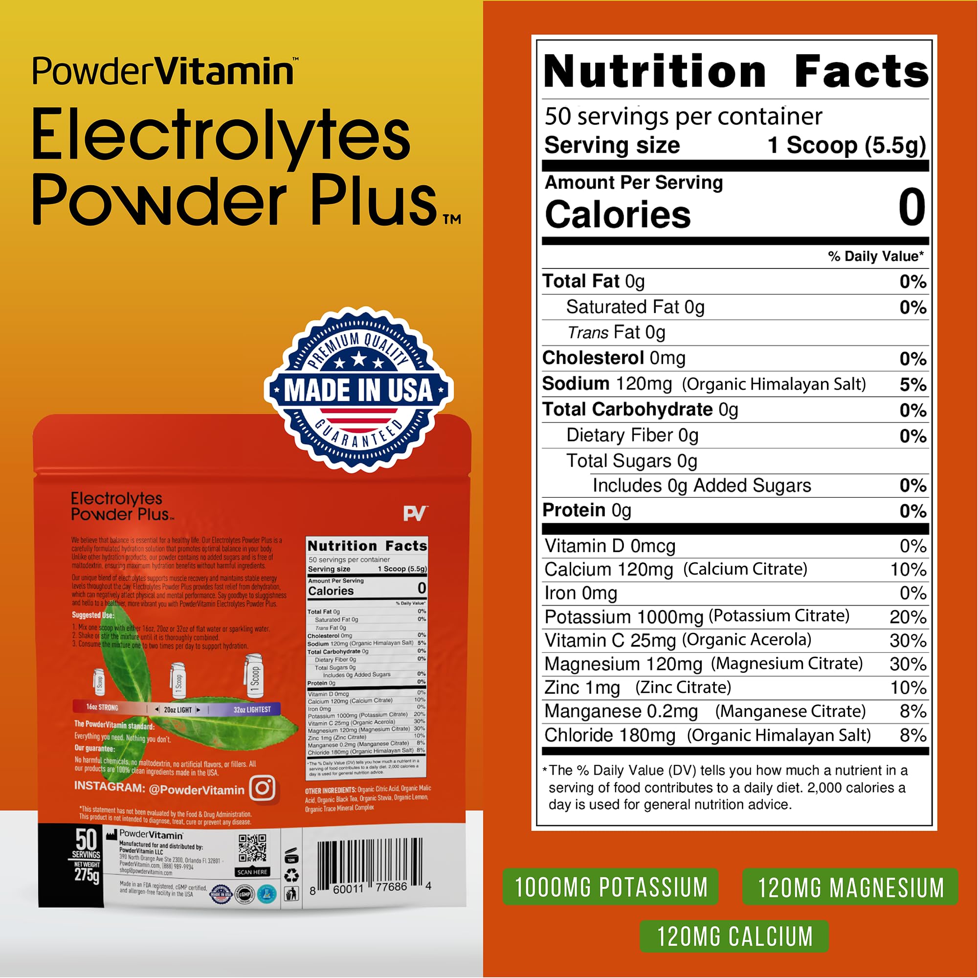 PowderVitamin Électrolytes Poudre Plus — Ingrédients naturels et sans maltodextrine