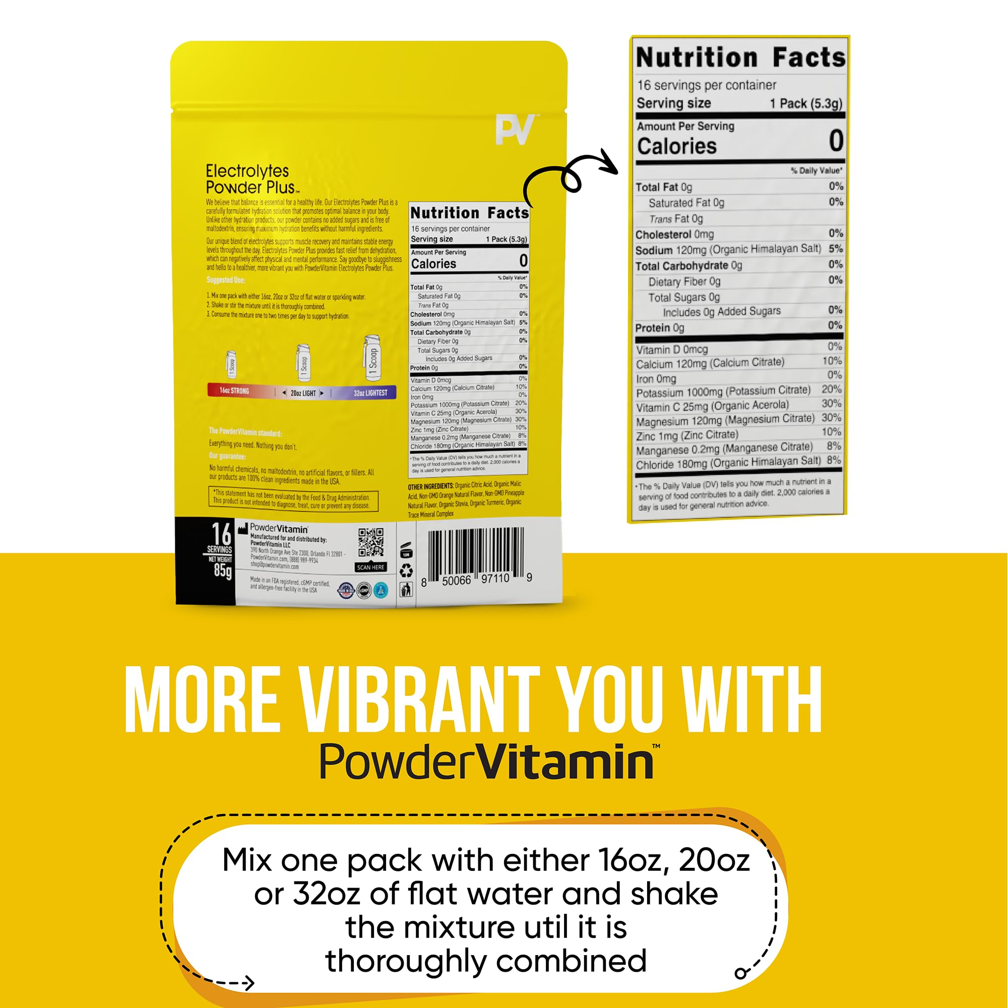 PowderVitamin Électrolytes Powder Plus — verser dans l'eau pour hydrater rapidement