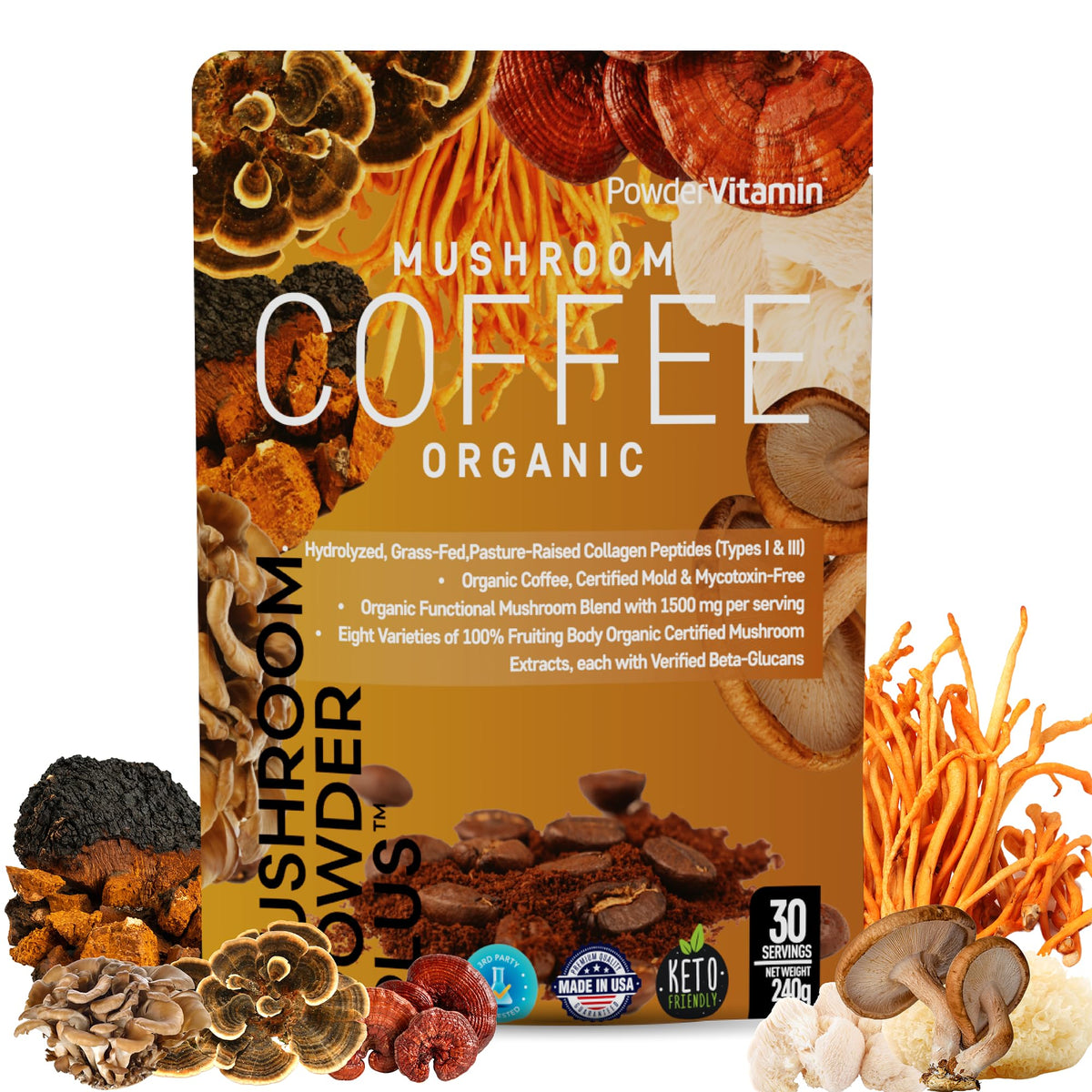 PowderVitamin emballage café aux champignons, prêt pour démarrer une matinée équilibrée.