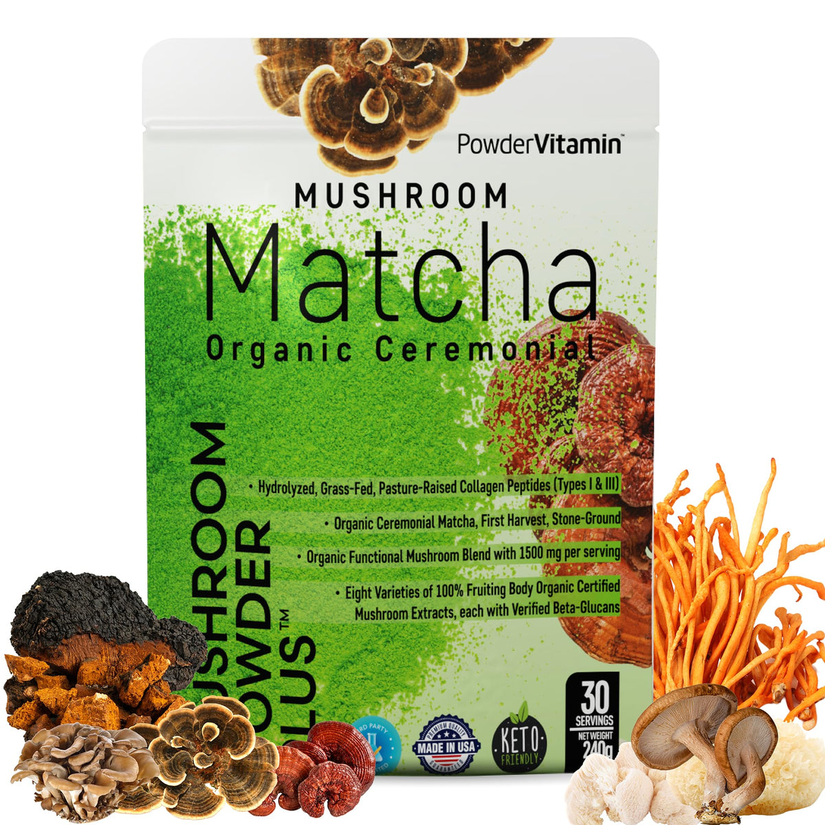 PowderVitamin Matcha cérémonial dans une tasse, énergie douce et concentration.