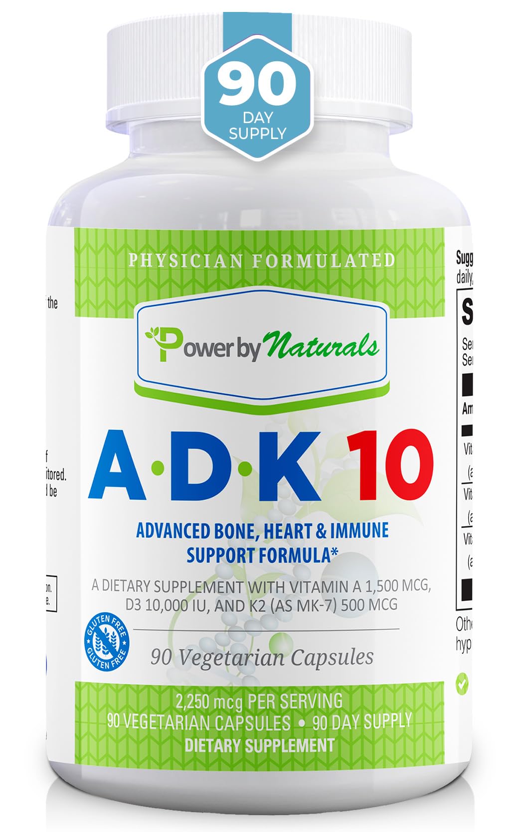 Power By Naturals ADK 10, bouteille de vitamines, soutien potentiel à la vitalité.