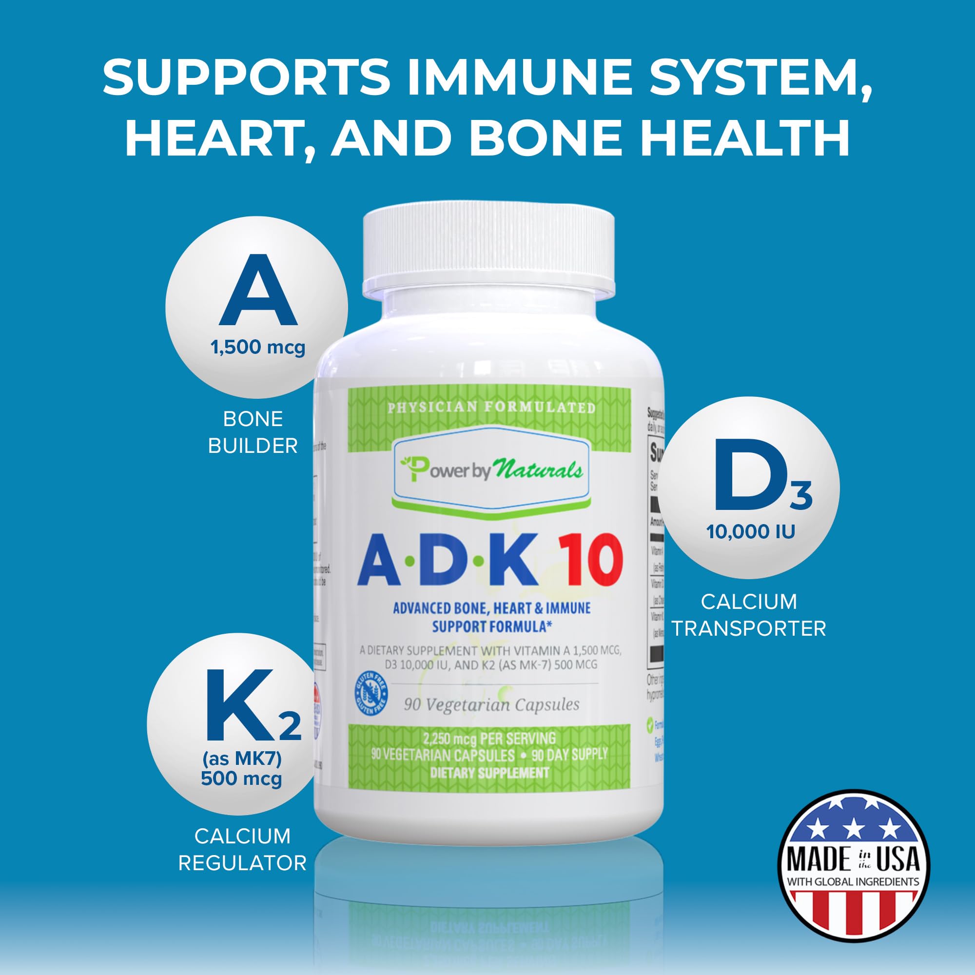 Power By Naturals ADK 10, capsules vegan en méthylcellulose, ingestion facile.
