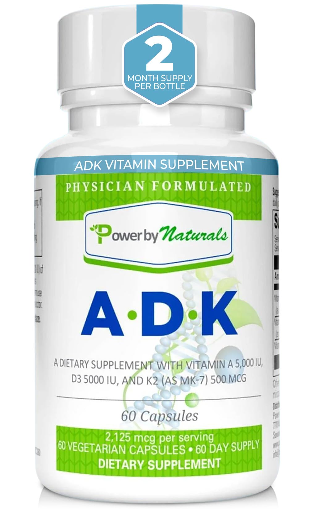 Power By Naturals ADK – bouteille de pilules, soutien potentiel des os et du système immunitaire.