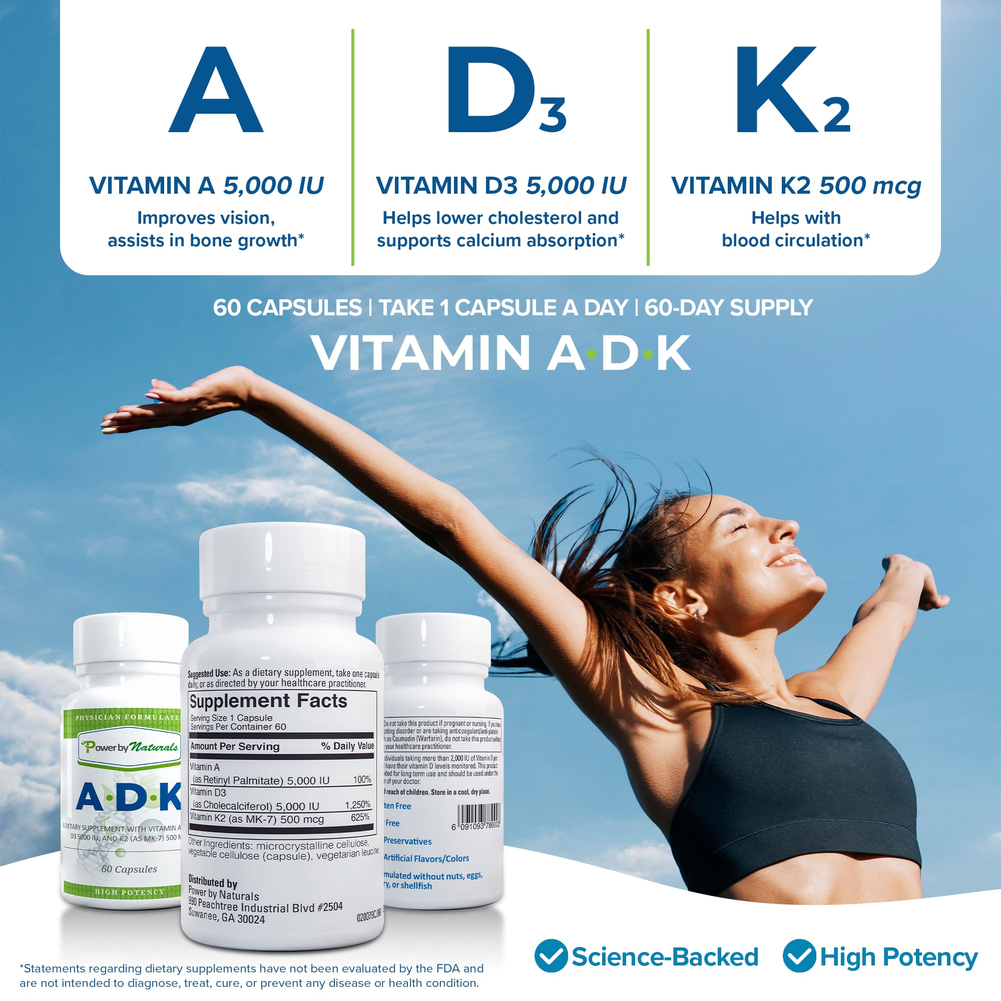 Power By Naturals ADK – etiquette vitamines, fiche claire sur A, D3 et K2.