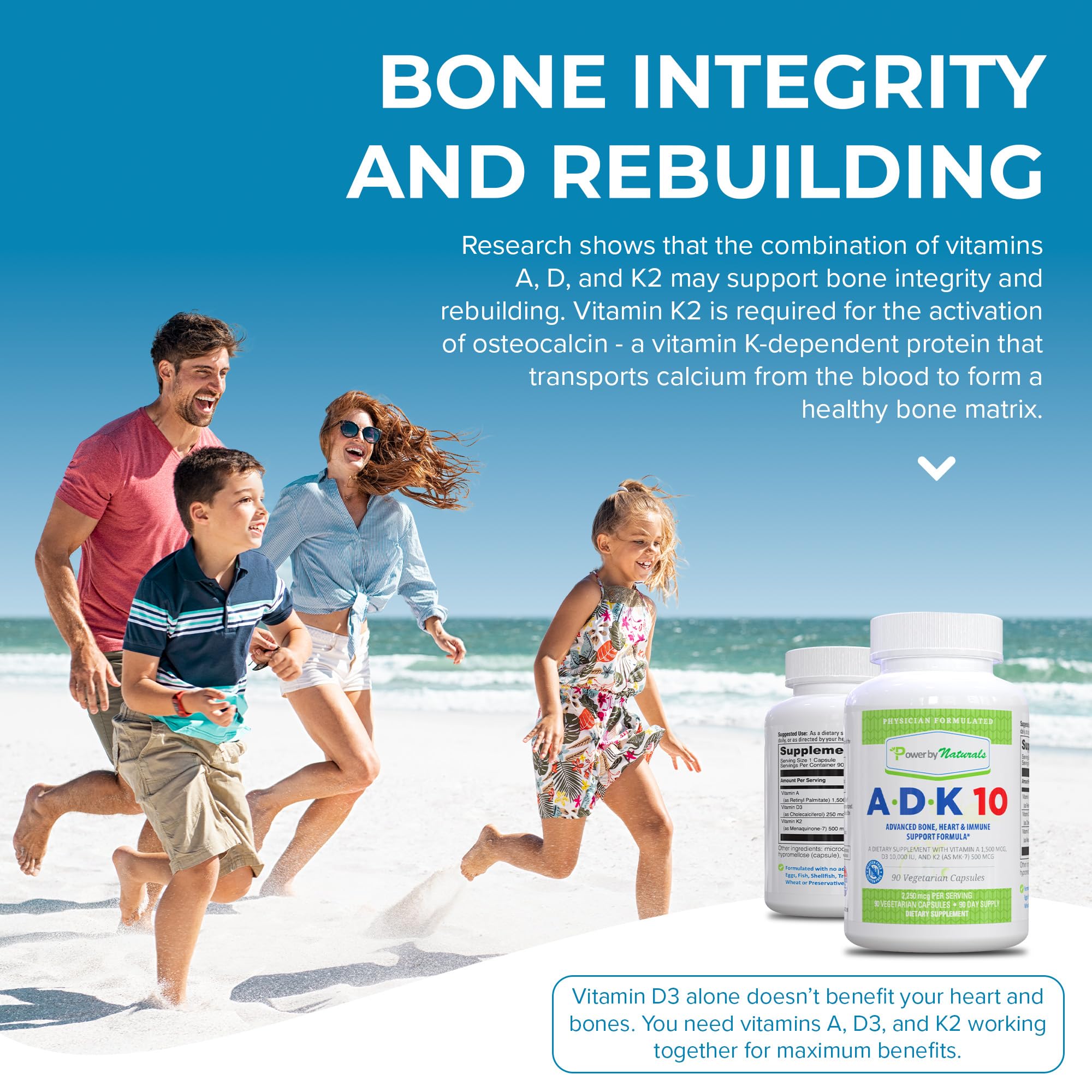 Power By Naturals ADK10 - dosage affiché de 10 000 UI de D3 sur le flacon.
