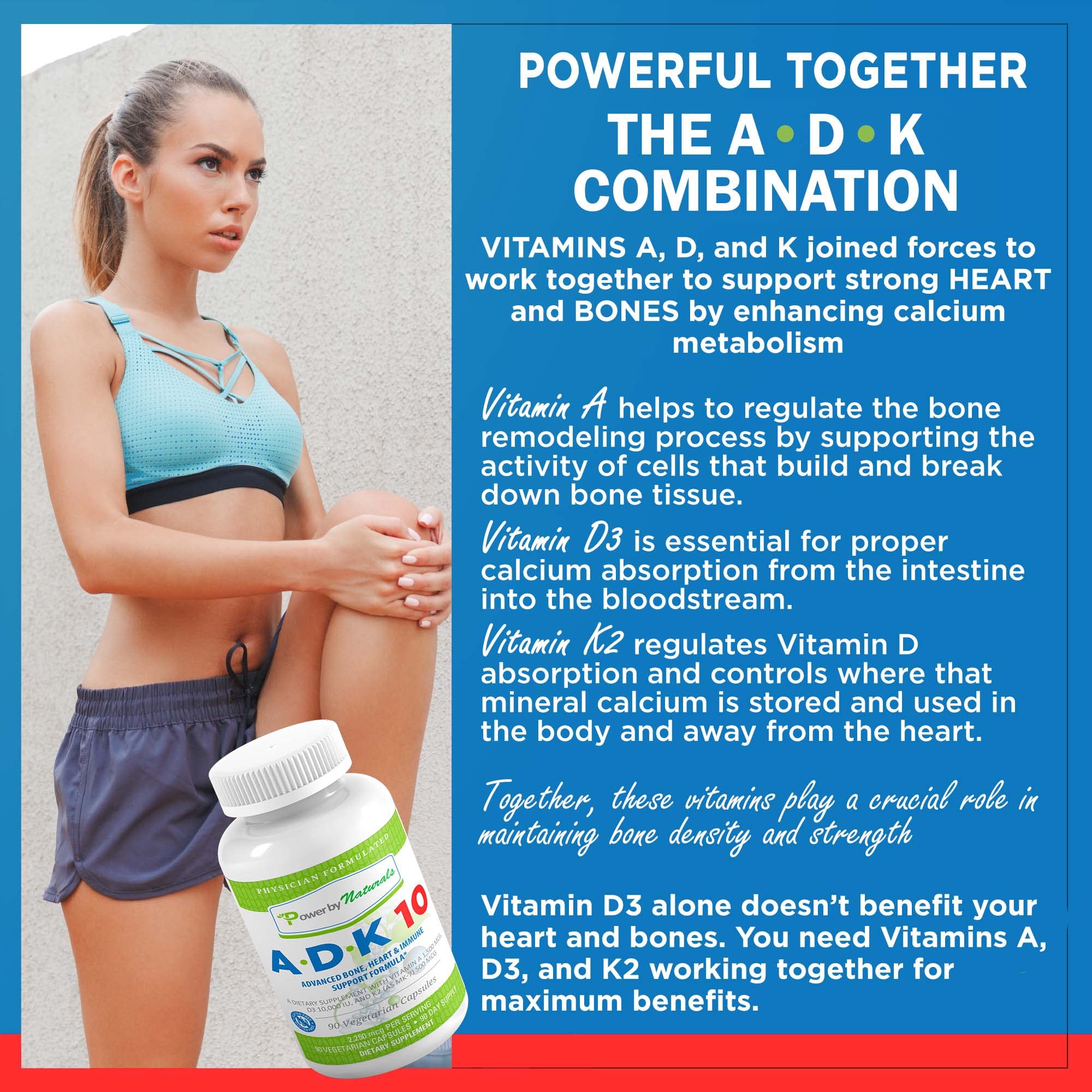 Power By Naturals ADK10 - étiquette détaillant les vitamines A D3 et K2 MK-7.