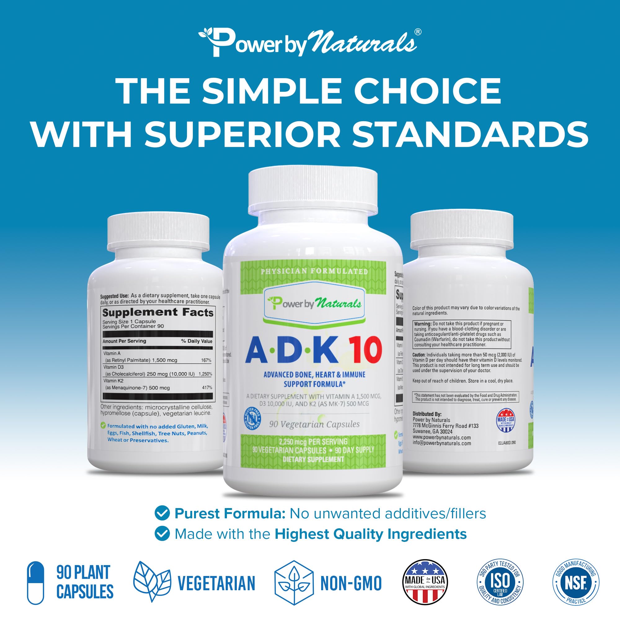 Power By Naturals ADK10 - concentration K2 MK-7 visible pour le soutien osseux.