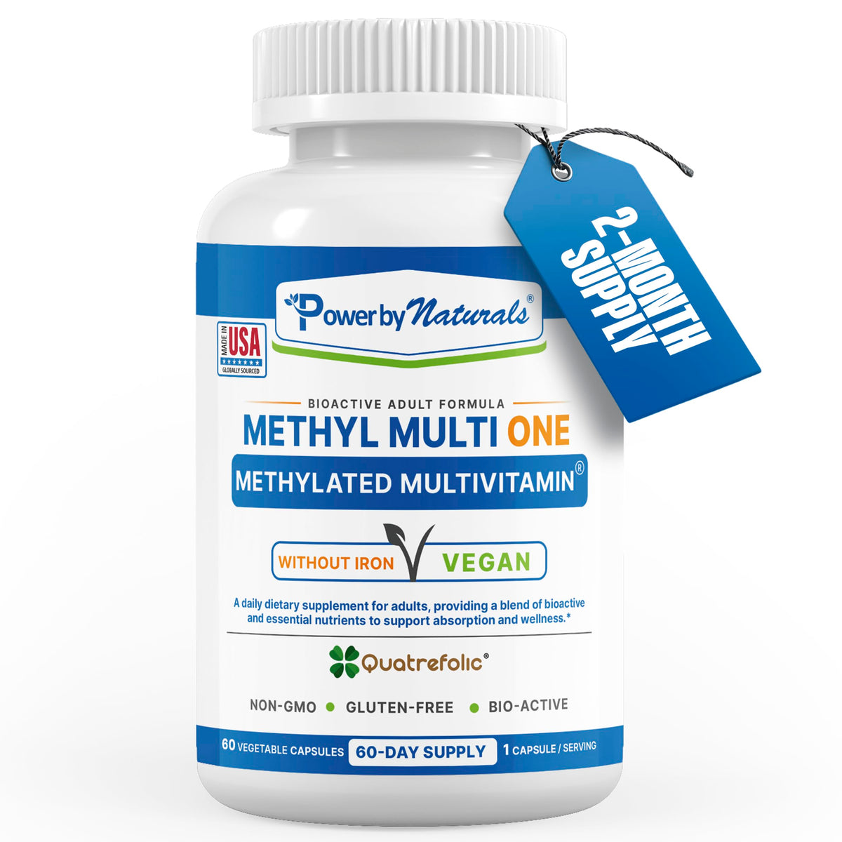 Power By Naturals Methyl Multi One – bouteille visible, capsules faciles à avaler pour l'énergie quotidienne.