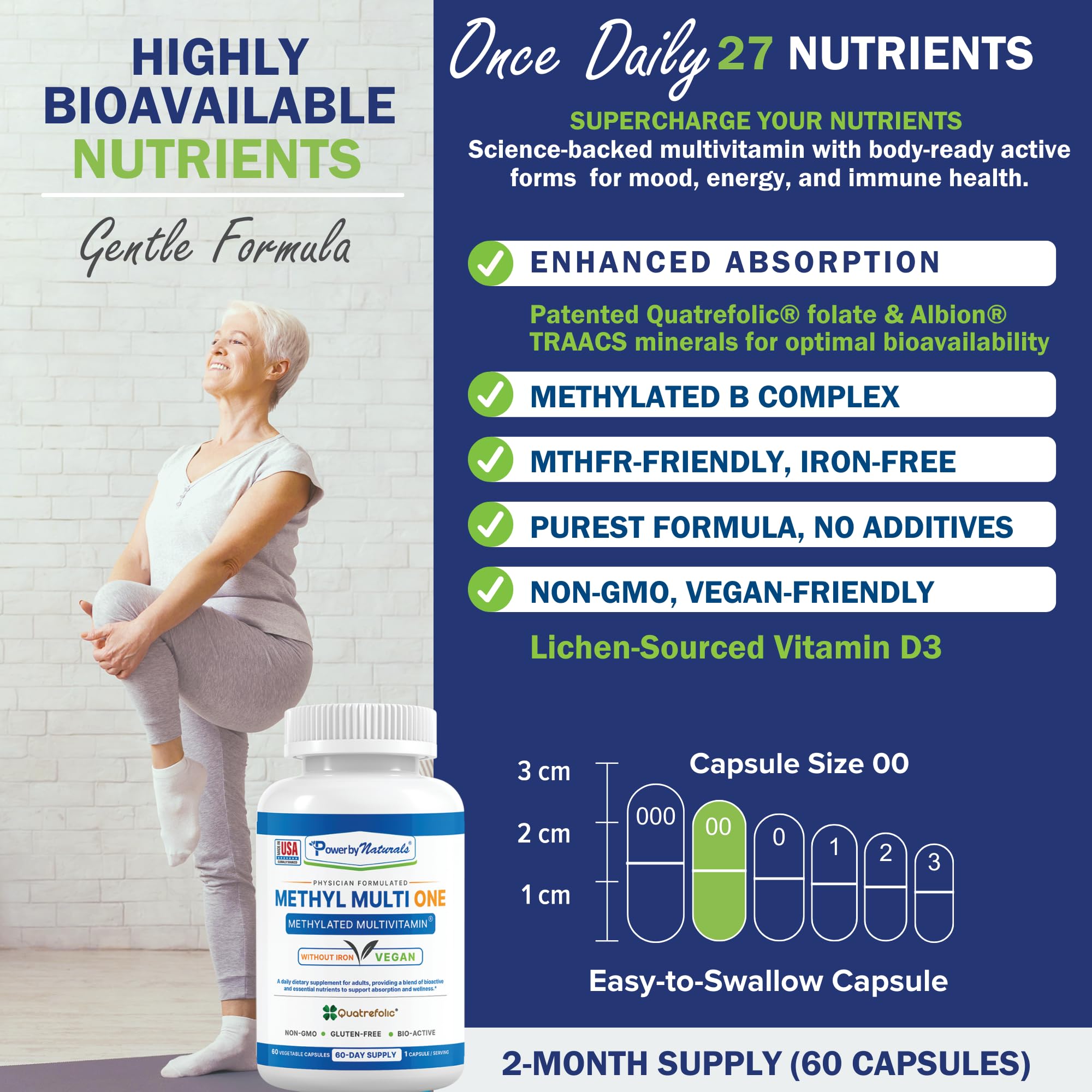Power By Naturals Methyl Multi One – etiquette recto montrant 60 capsules adaptées végétariennes.