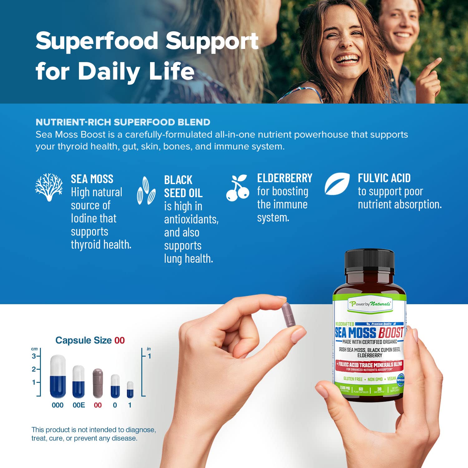 Power By Naturals Sea Moss Avancé baies de sureau riches en antioxydants naturels.
