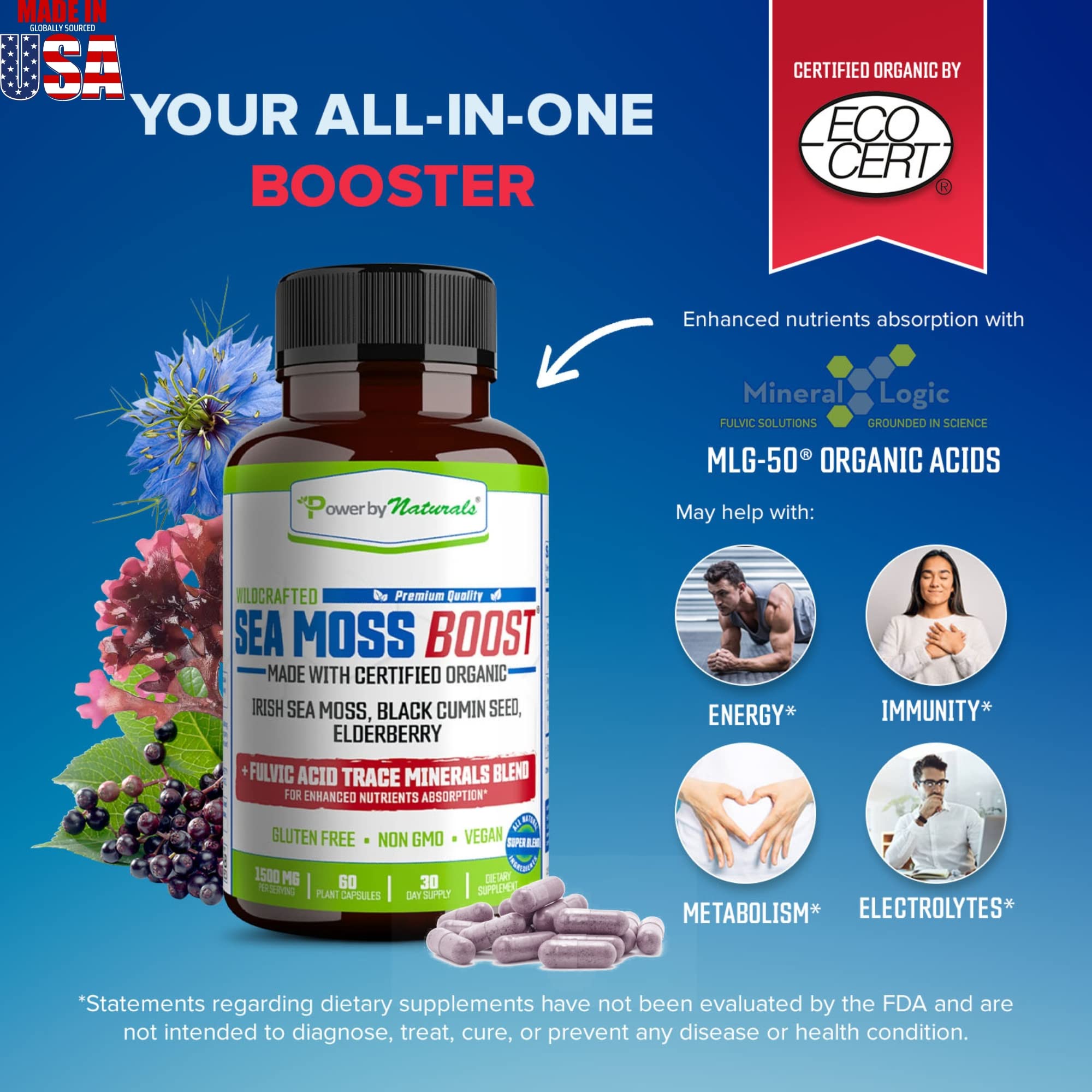Power By Naturals Sea Moss Avancé gélules faciles à avaler au quotidien.