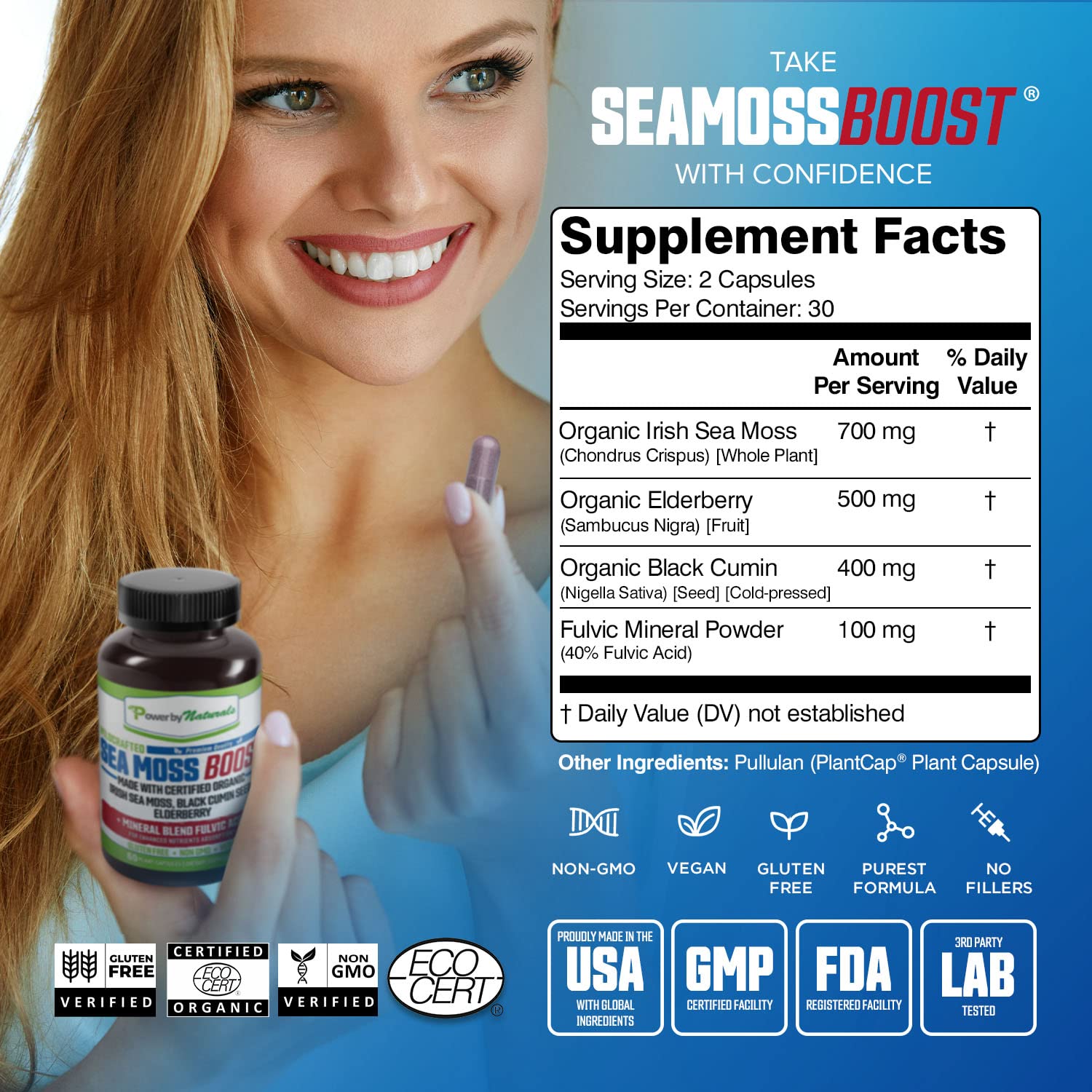 Power By Naturals Sea Moss Avancé huile de nigelle soutient respiration et confort digestif.