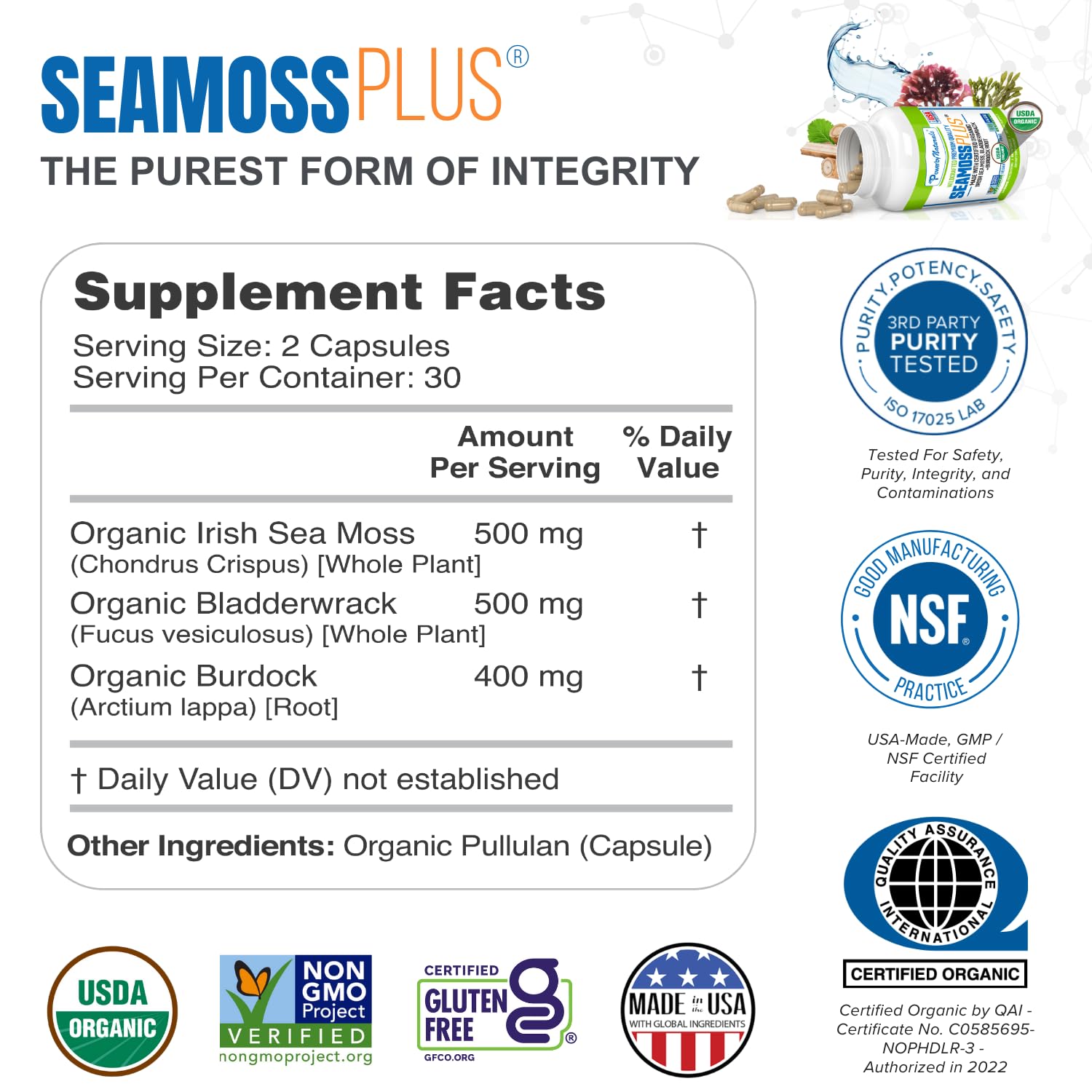 Ingrédients Sea Moss Plus montrant les composants clés et leur association.