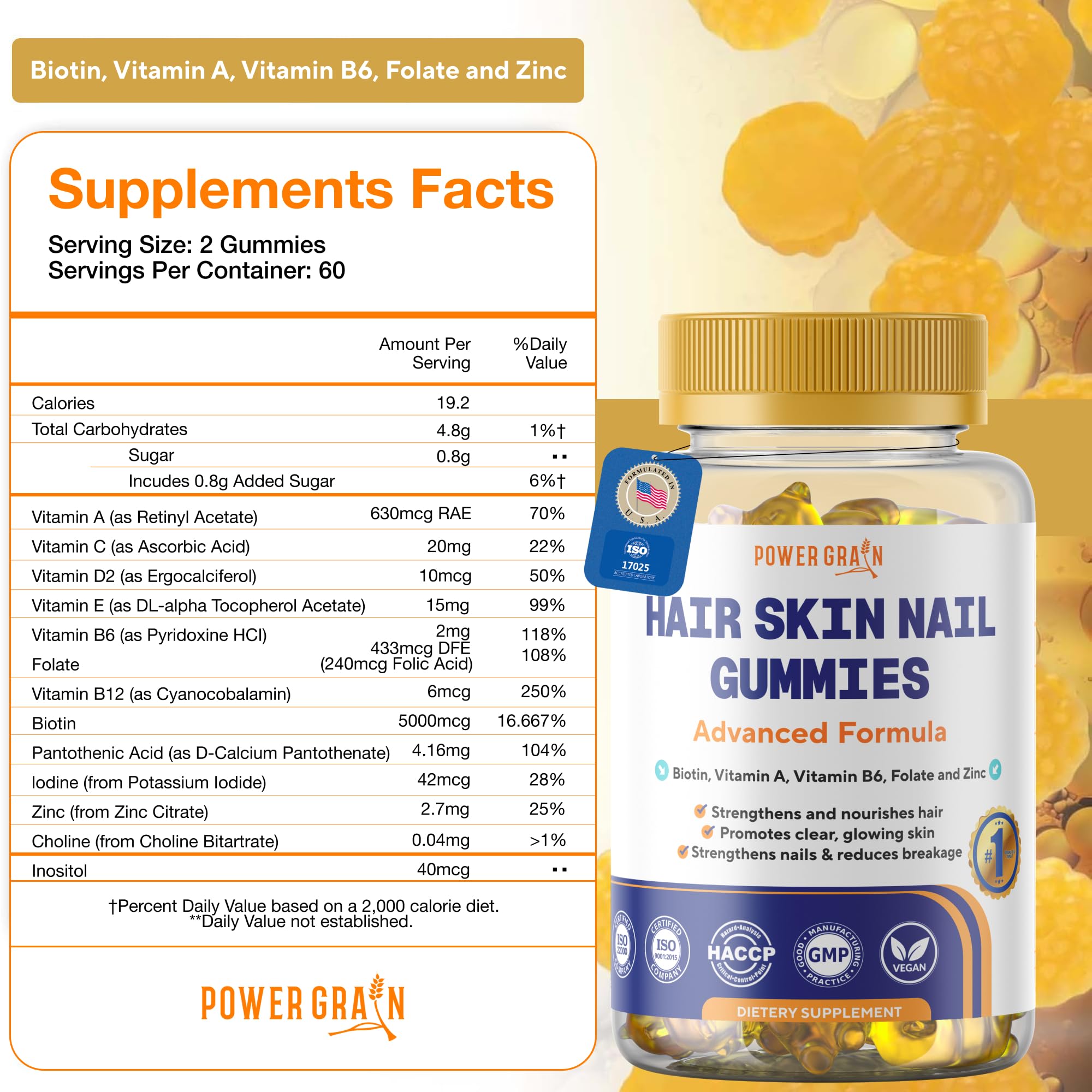 Power Grain Gummies gros-plan sur la biotine, idéal pour cheveux et ongles.