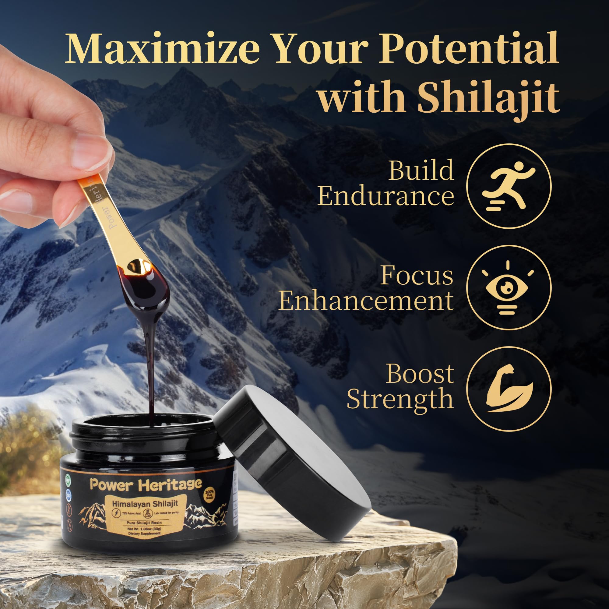 Power Heritage Shilajit : minéraux traces et acide fulvique pour vitalité.