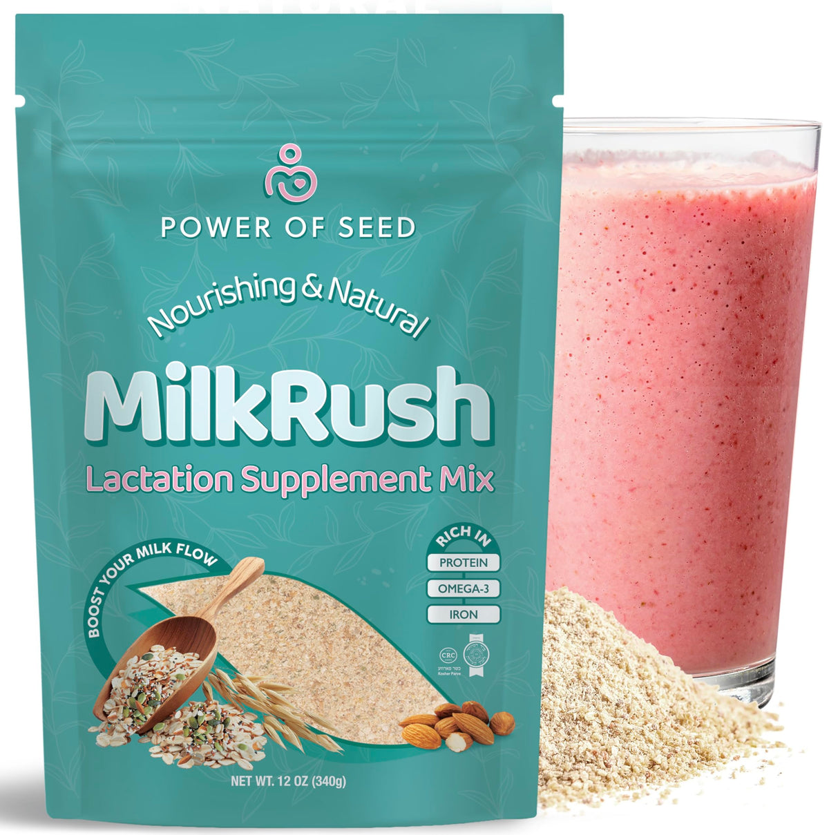Power of Seed Milkrush emballage 340 g prêt au soutien à l’allaitement.