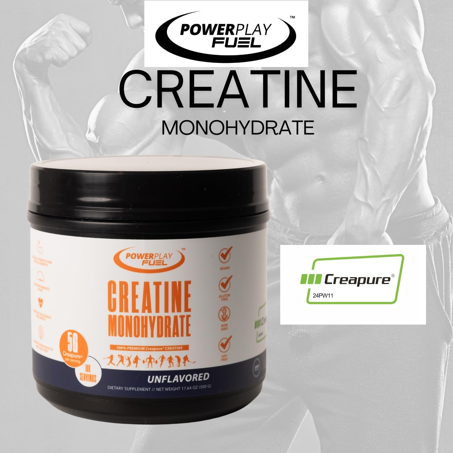 POWER PLAY FUEL Créatine Monohydrate – bocal fermé et poudre fine, usage facile.