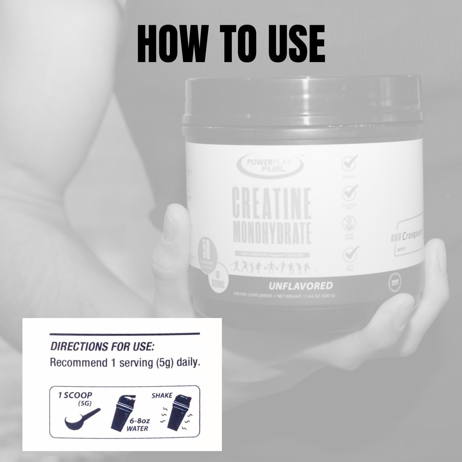 POWER PLAY FUEL Créatine Monohydrate – produit testé par des tiers pour la pureté.