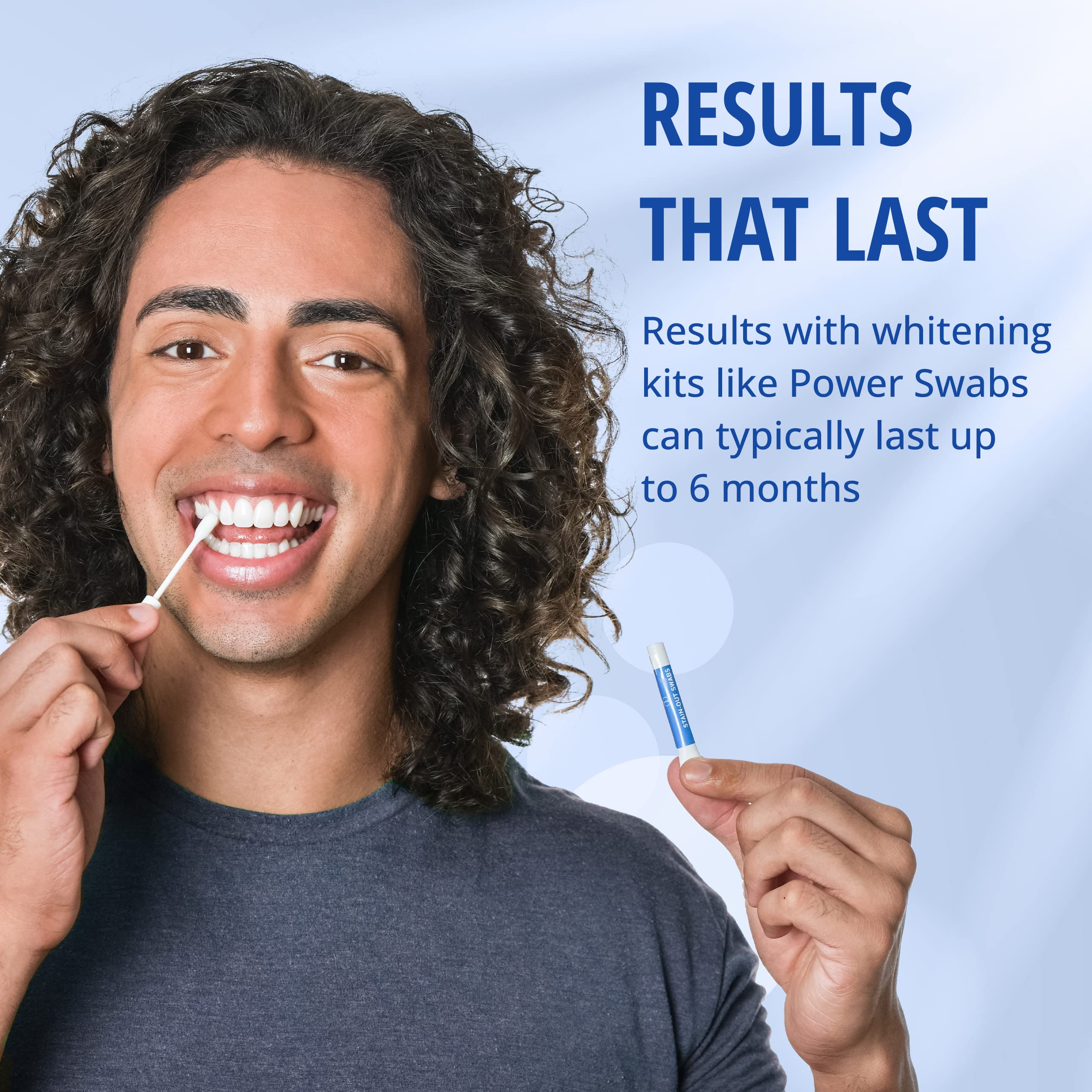 Power Swabs résultats domicile 6 mois: sourire plus blanc durable après 7 jours.