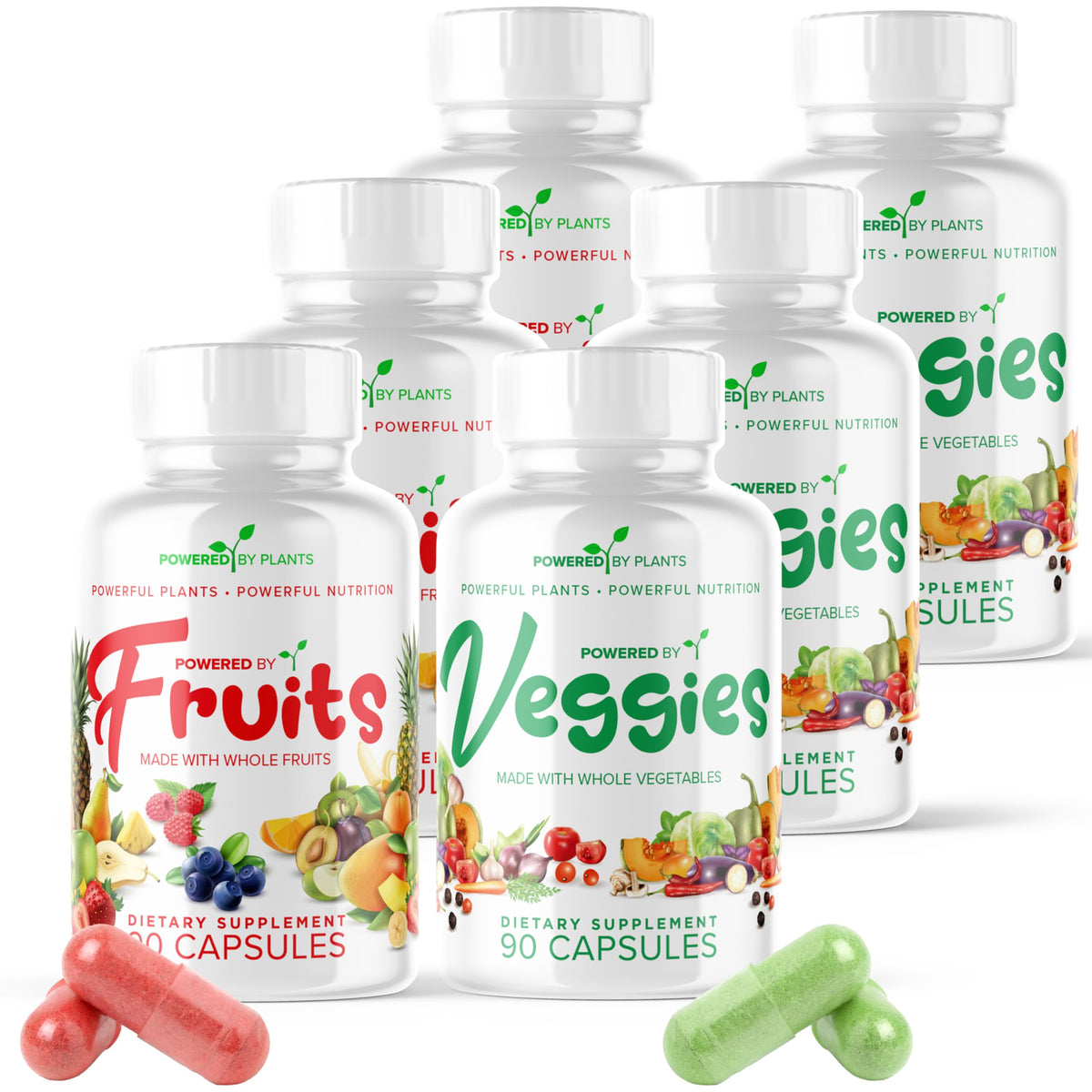 POWERED X PLANTS capsules fruits et légumes en bouteille, soutien nutritionnel quotidien.