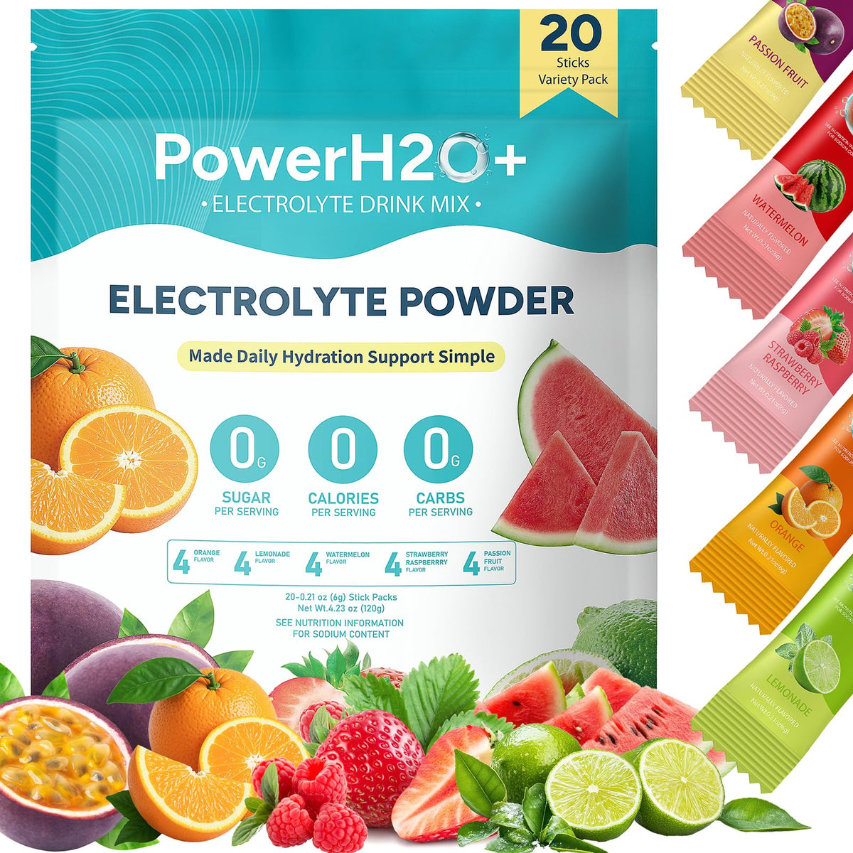 PowerH2O+ sachets d'électrolytes sans sucre pour une hydratation pratique.