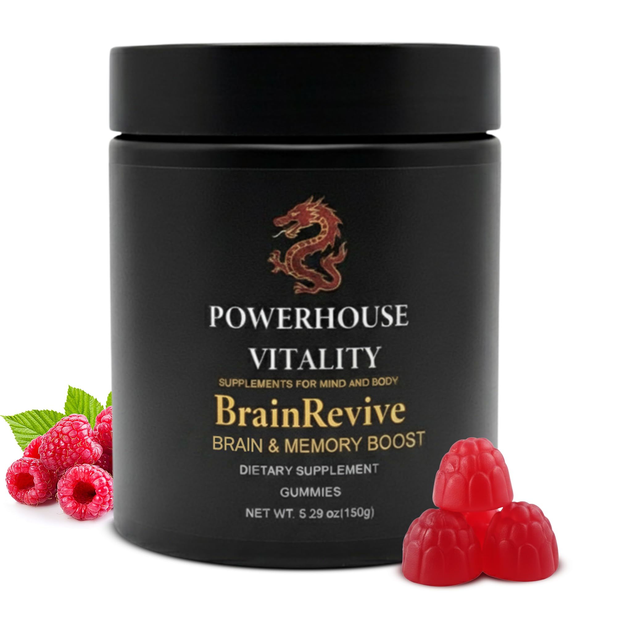 Powerhouse Vitality BrainRevive : bouteille en gros plan, soutien quotidien à la concentration naturelle.