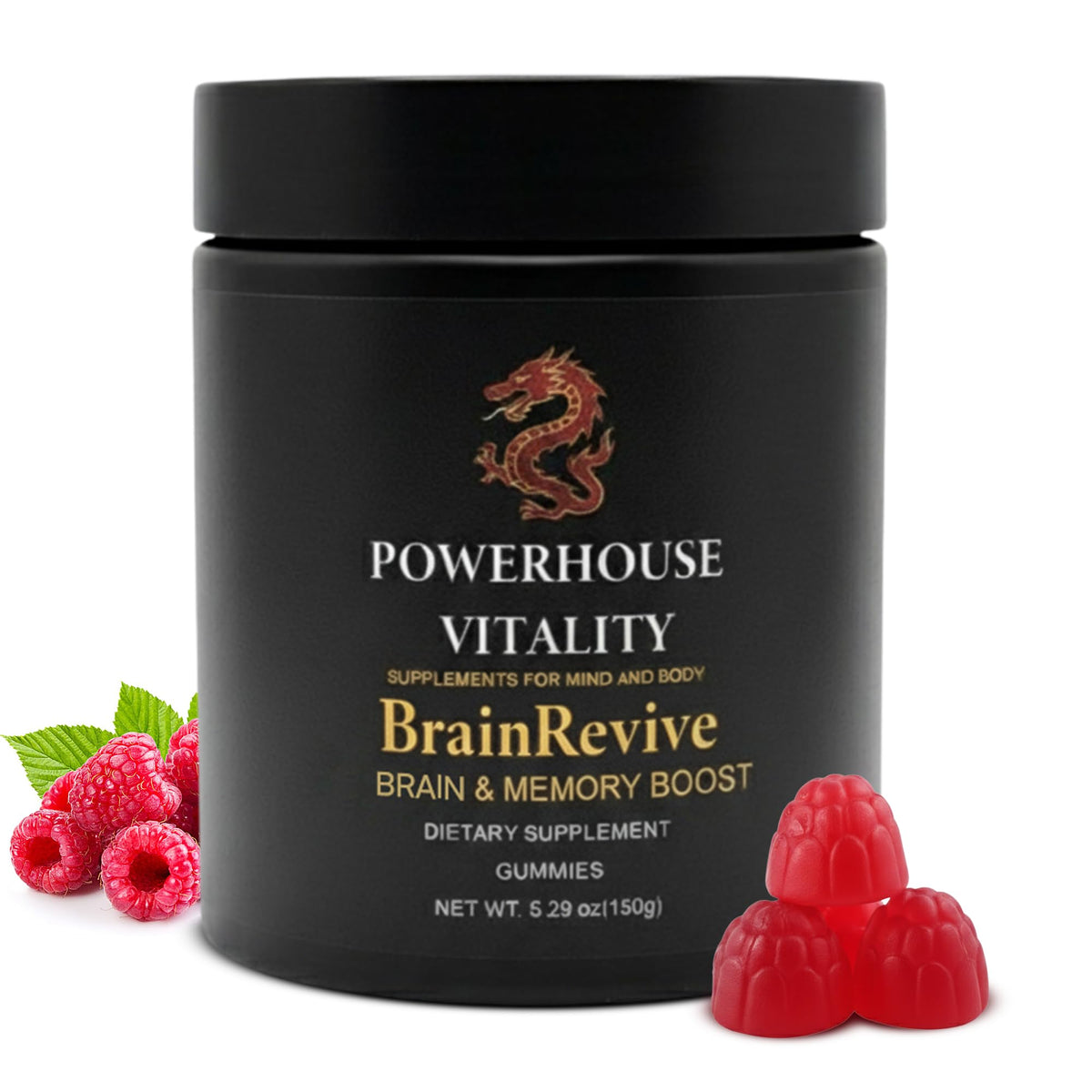 Powerhouse Vitality BrainRevive : bouteille en gros plan, soutien quotidien à la concentration naturelle.