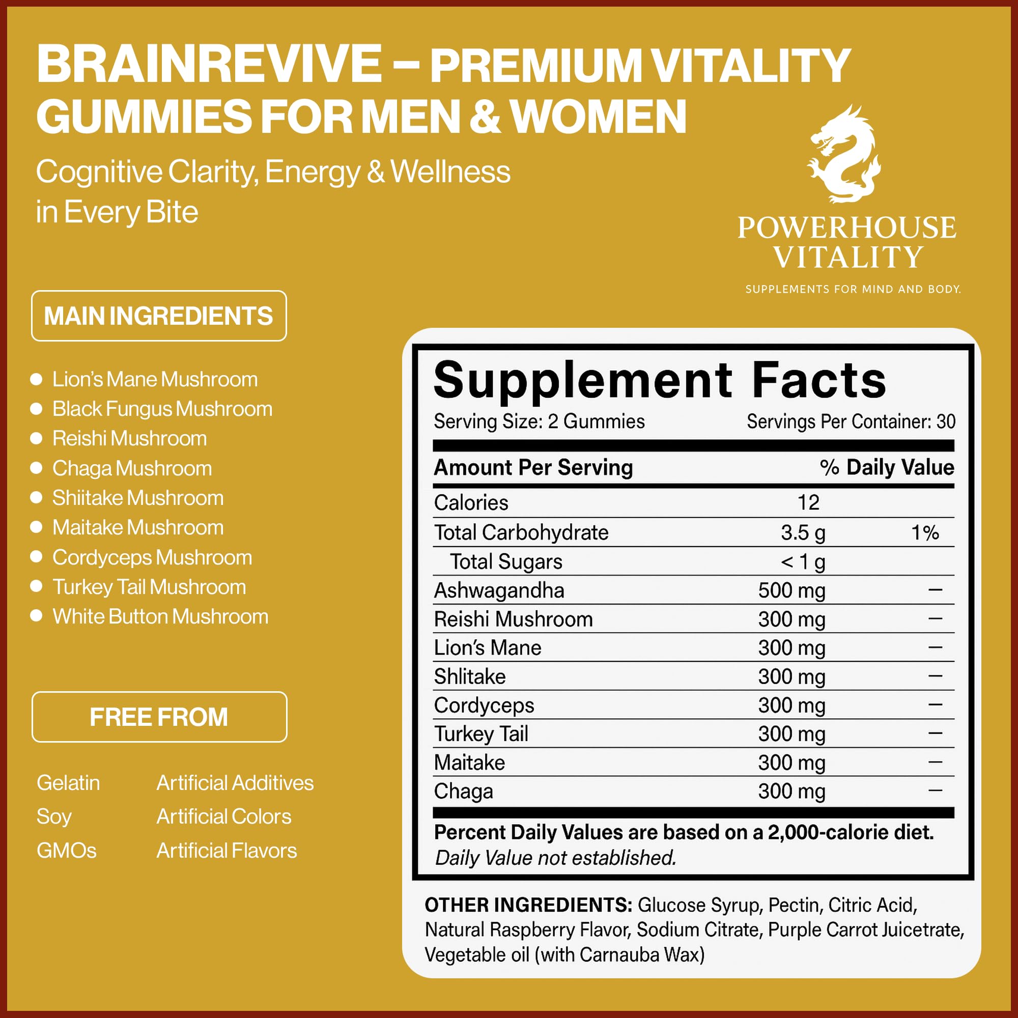 Powerhouse Vitality BrainRevive montre une etiquette claire et lisible pour faciliter la compréhension.