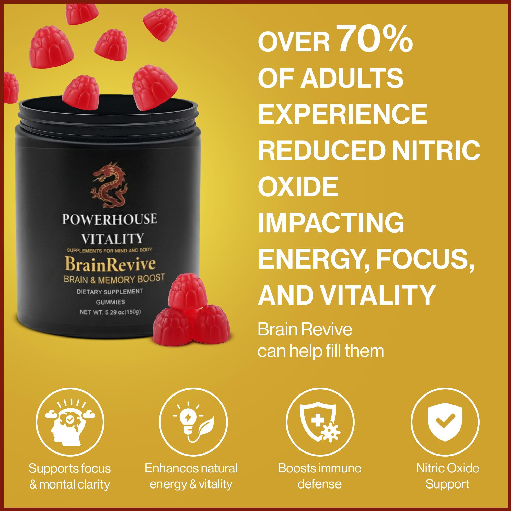 Powerhouse Vitality BrainRevive – gommes sans stimulants, énergie douce et naturelle.