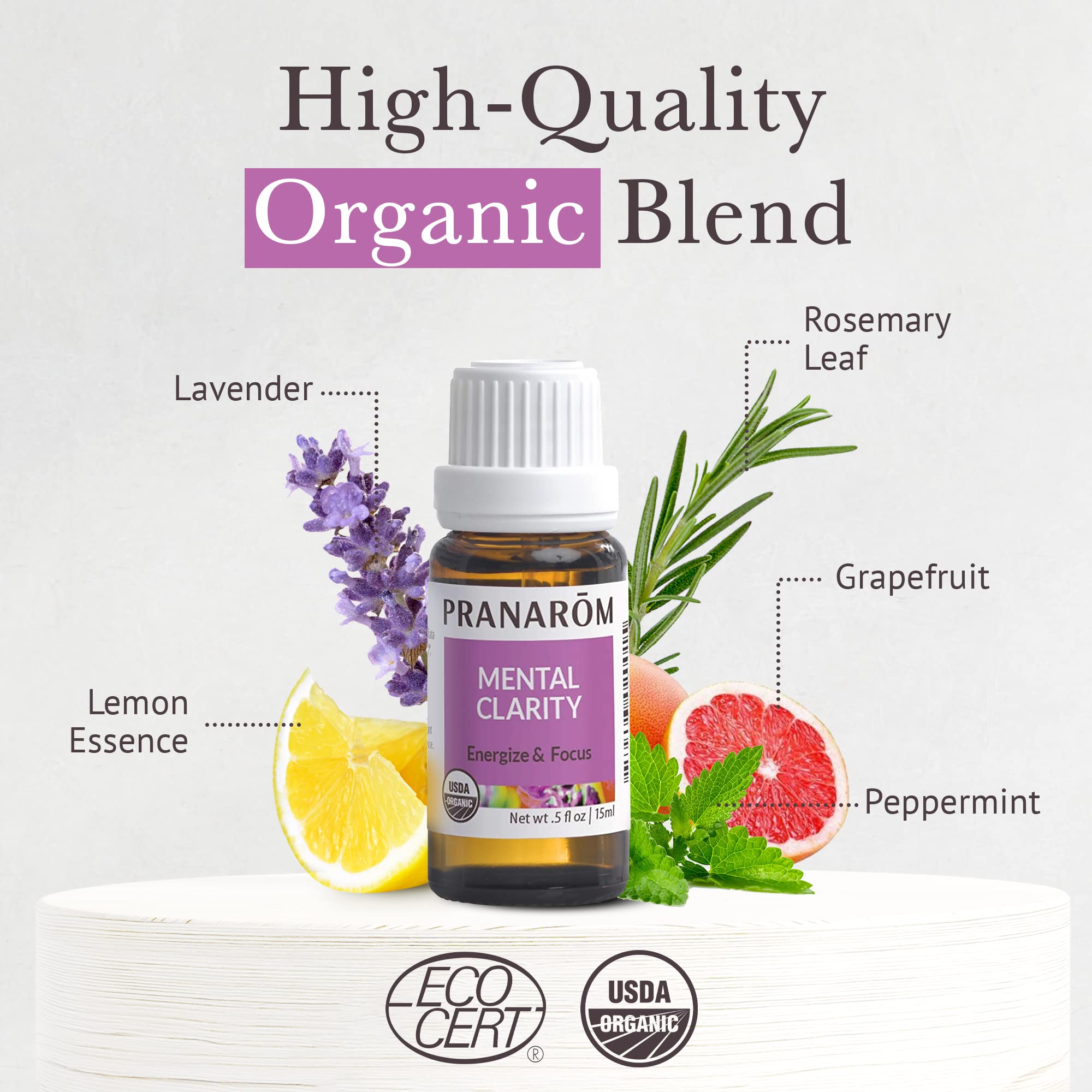 Arômes Pranarom Mental Clarity menthe et pamplemousse pour énergie rafraîchissante.