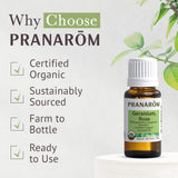 Pranarom huile essentielle Géranium Rosat, flacon rappelant Madagascar et parfum apaisant