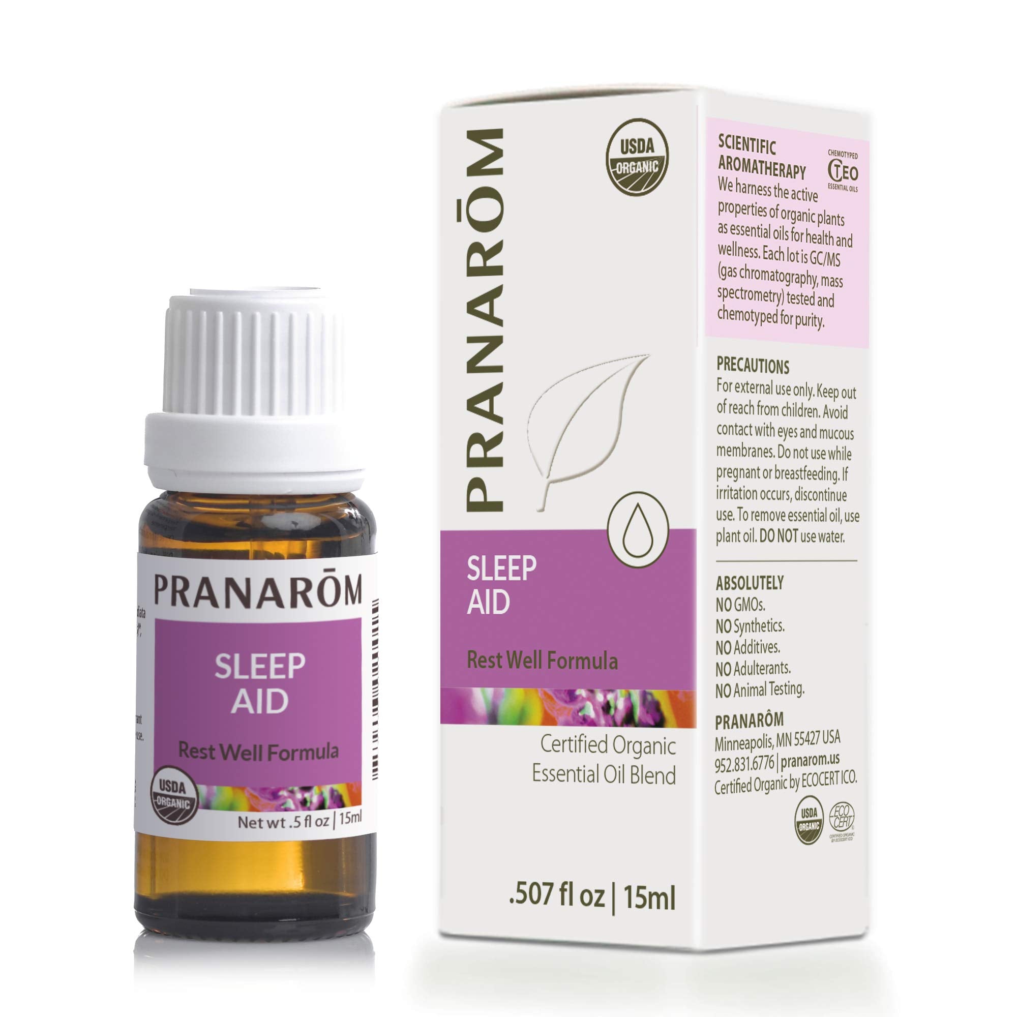 PRANAROM Aide au sommeil — bouteille 15ml montrant l'emballage et l'étiquette aromatique.