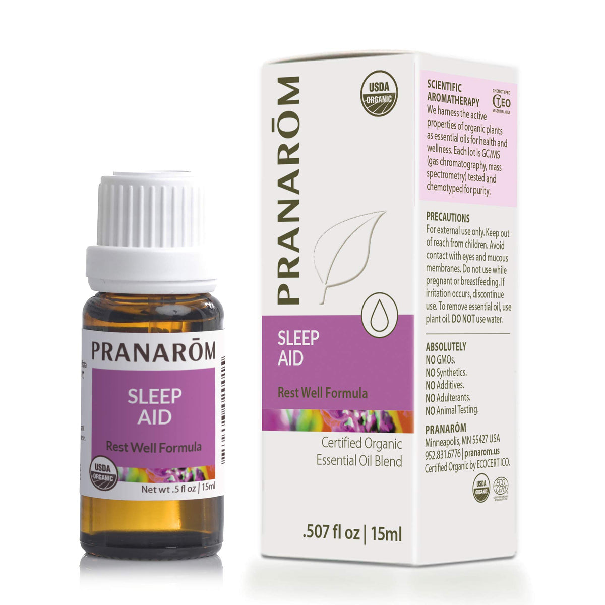 PRANAROM Aide au sommeil — bouteille 15ml montrant l'emballage et l'étiquette aromatique.