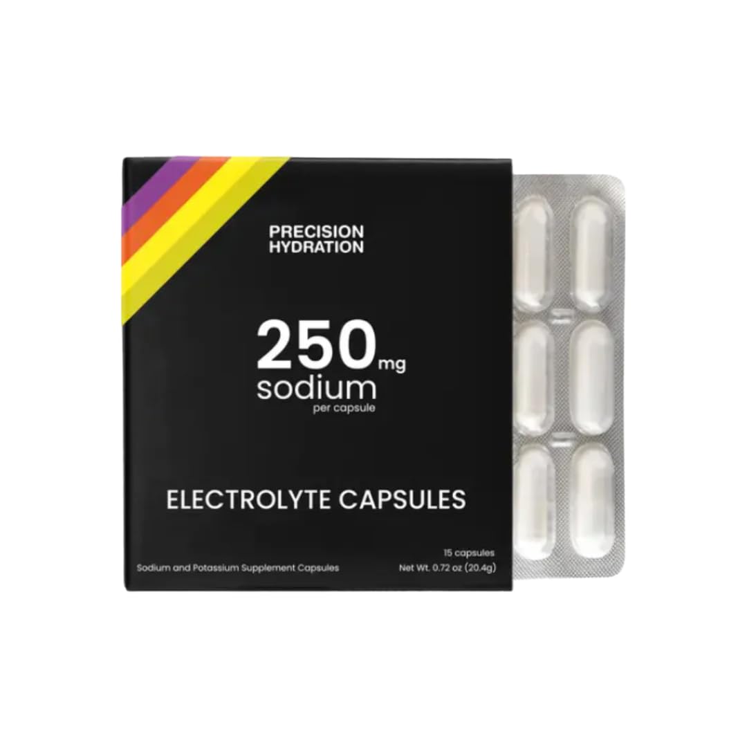 Capsules électrolytes Precision Hydration dans une boîte blister imperméable, pratique en déplacement.