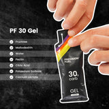 Athlète utilisant le gel PF30 en course longue, confort digestible.