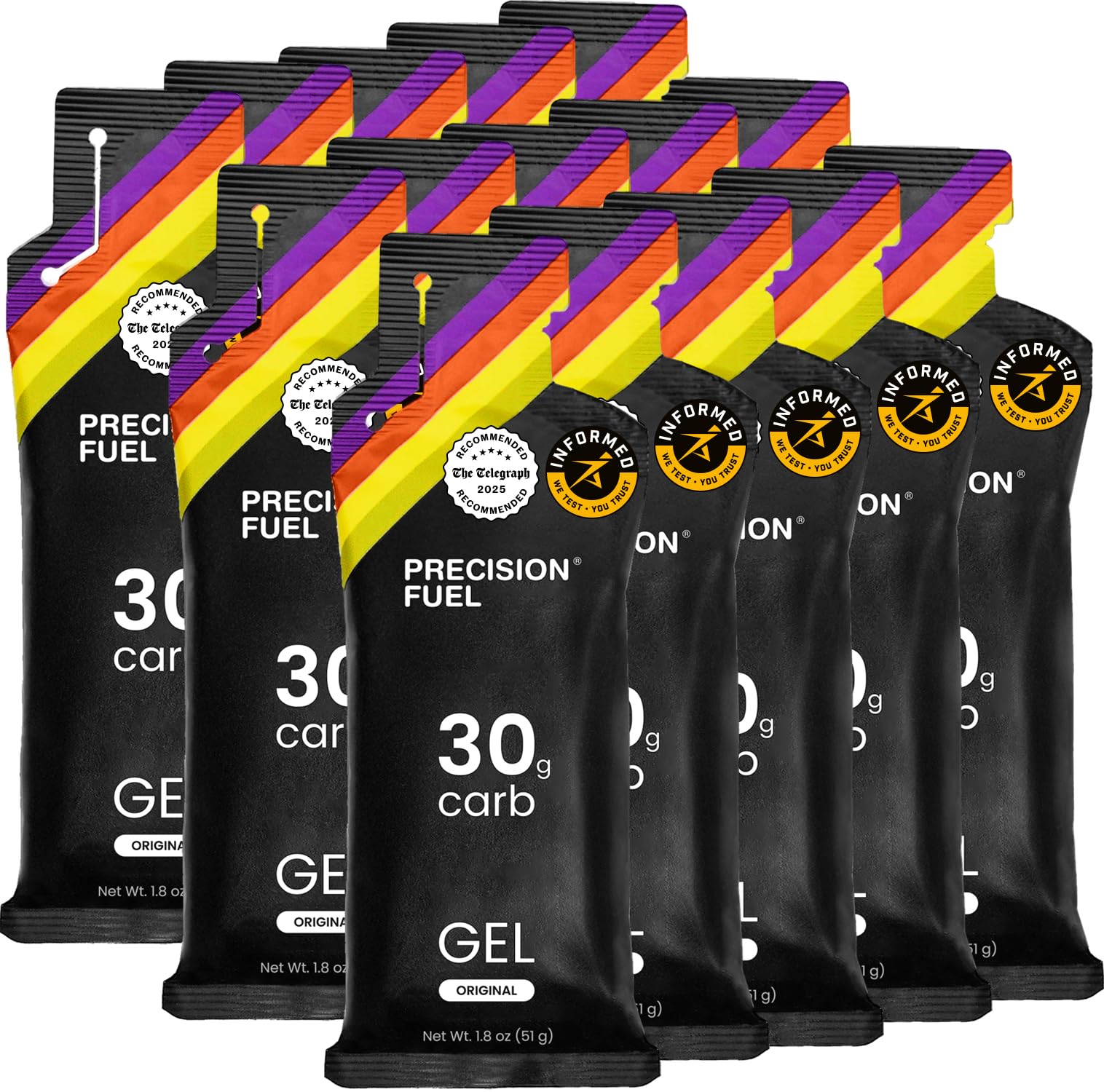 Gels PF30 Precision Hydration dans l’emballage 15 sachets, pratique pour longues sessions.
