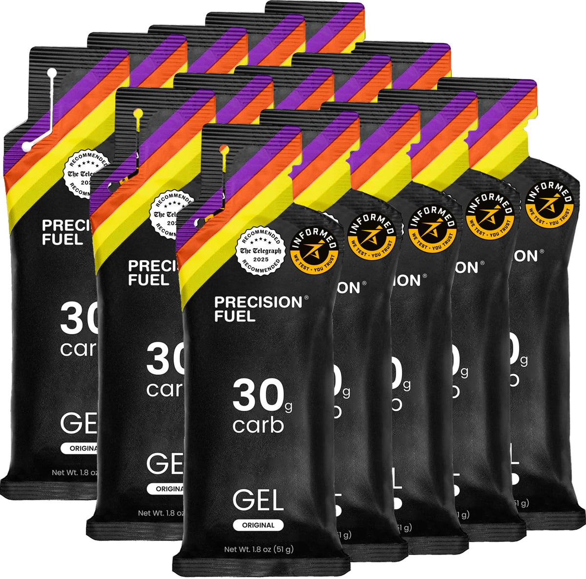 Gels PF30 Precision Hydration dans l’emballage 15 sachets, pratique pour longues sessions.