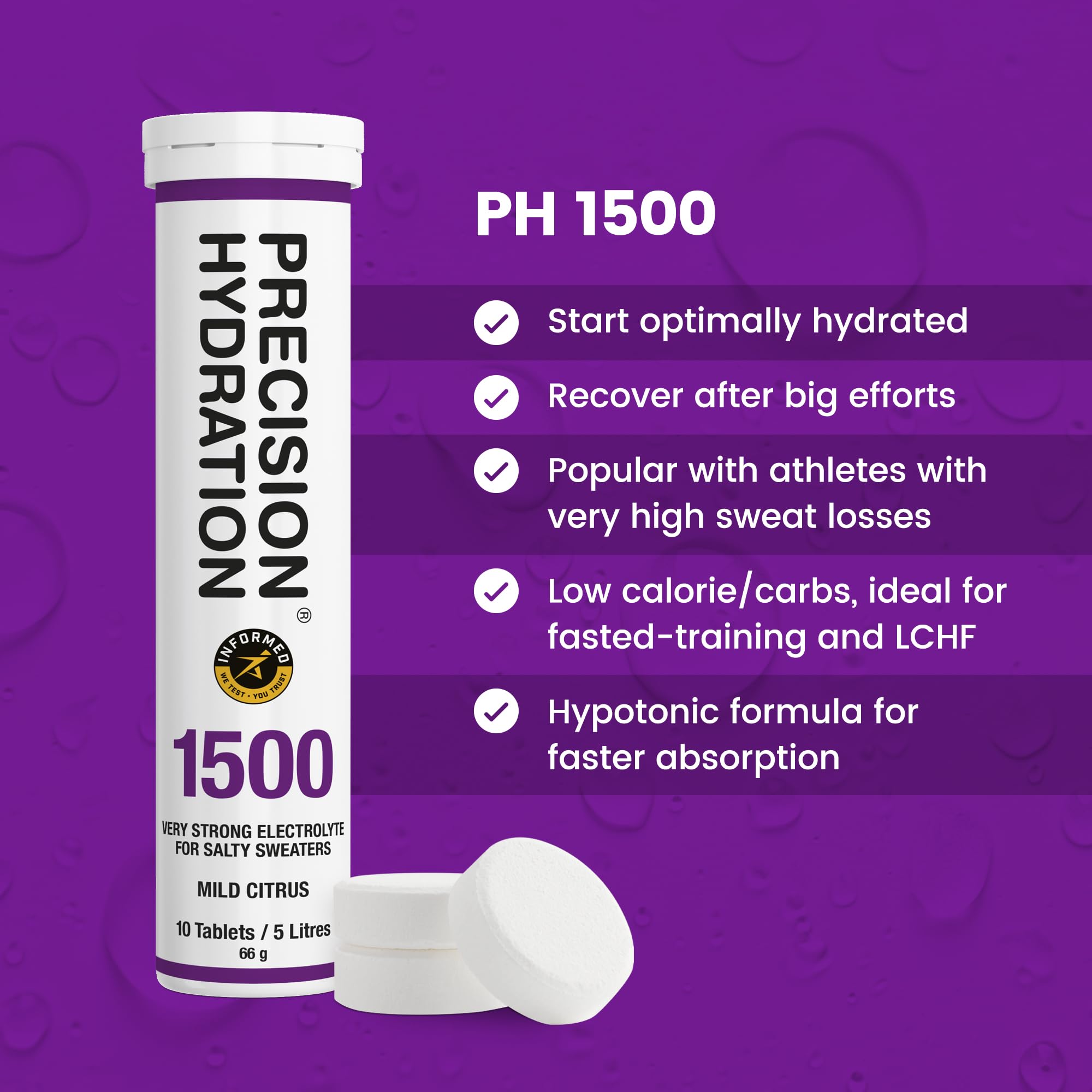 Tablette effervescente Precision Hydration se dissolvant dans l’eau pour réhydratation